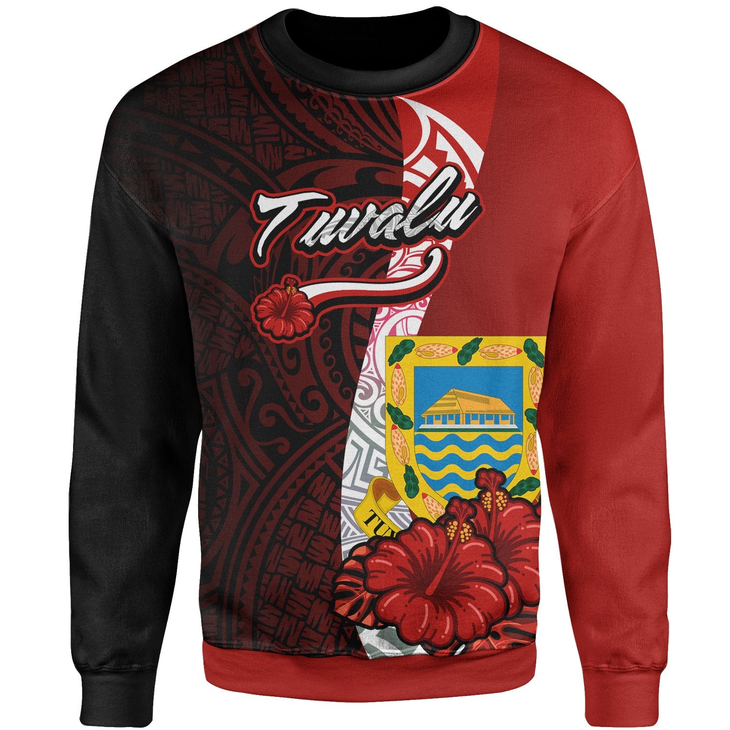 Tuvalu Islands Polynesian Sweater - Coat Of Arm With Hibiscus Unisex Red - Polynesian Pride