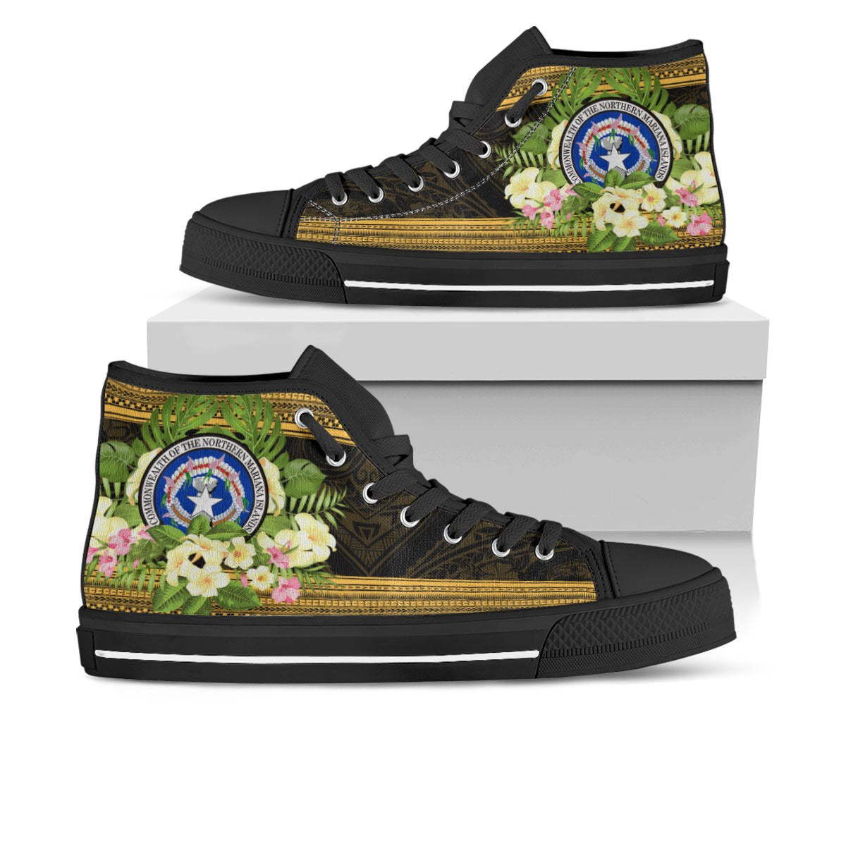 Northern Mariana Islands High Top Shoes - Polynesian Gold Patterns Collection Unisex Black - Polynesian Pride