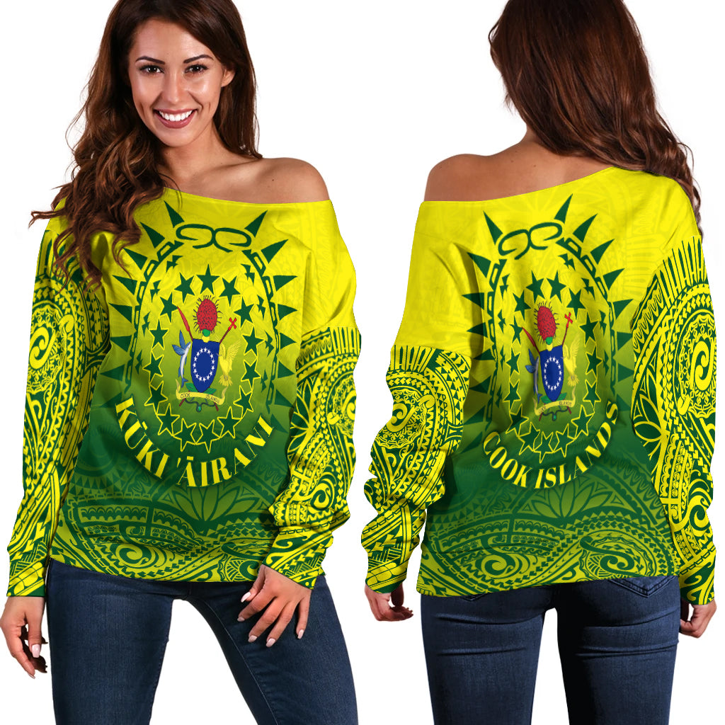 Cook Islands Off Shoulder Sweater Polynesian Tattoo Sunshine LT4 Green - Polynesian Pride