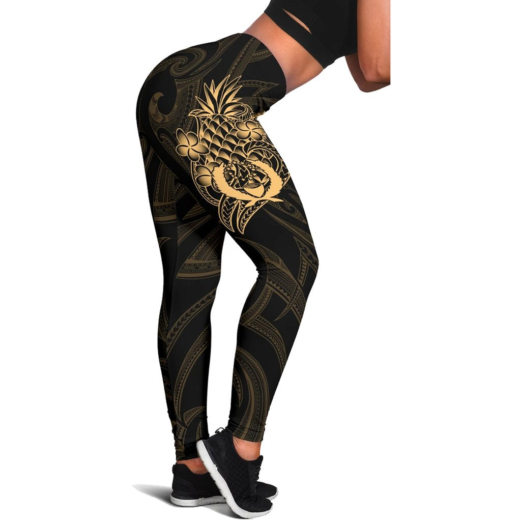 Pohnpei Micronesia Women's Leggings - Gold Pineapple Black - Polynesian Pride