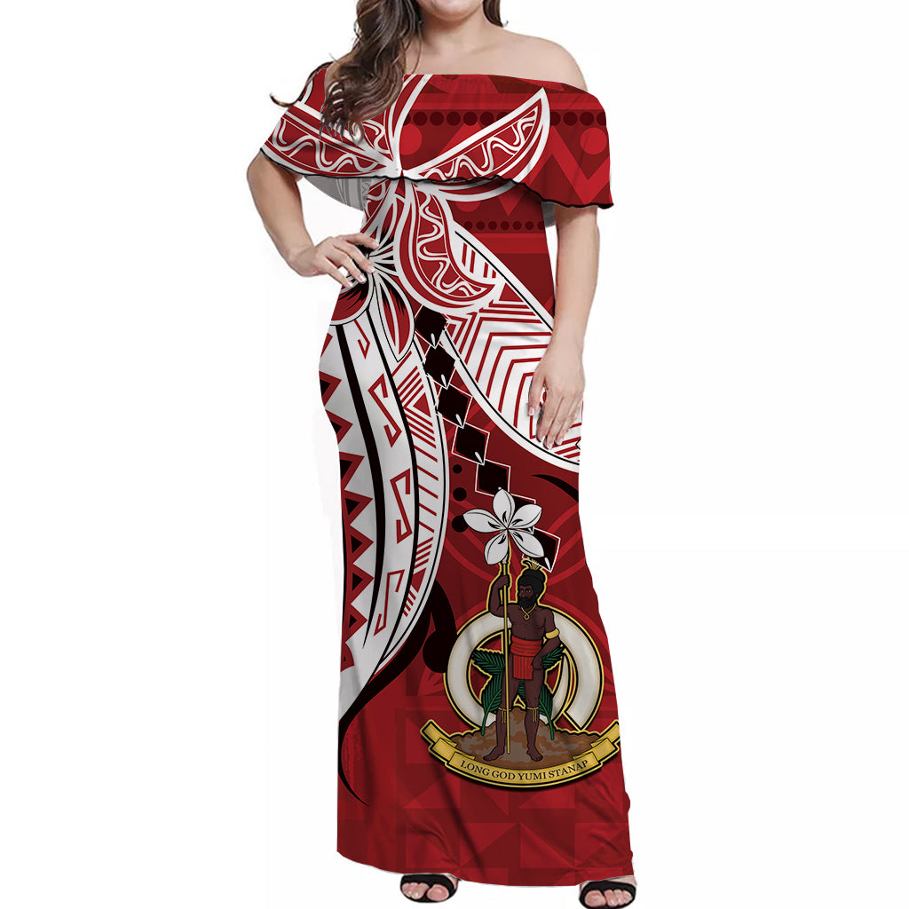 Vanuatu Color Off Shoulder Long Dress Coat of Arms Polynesian Red LT13 Long Dress Red - Polynesian Pride