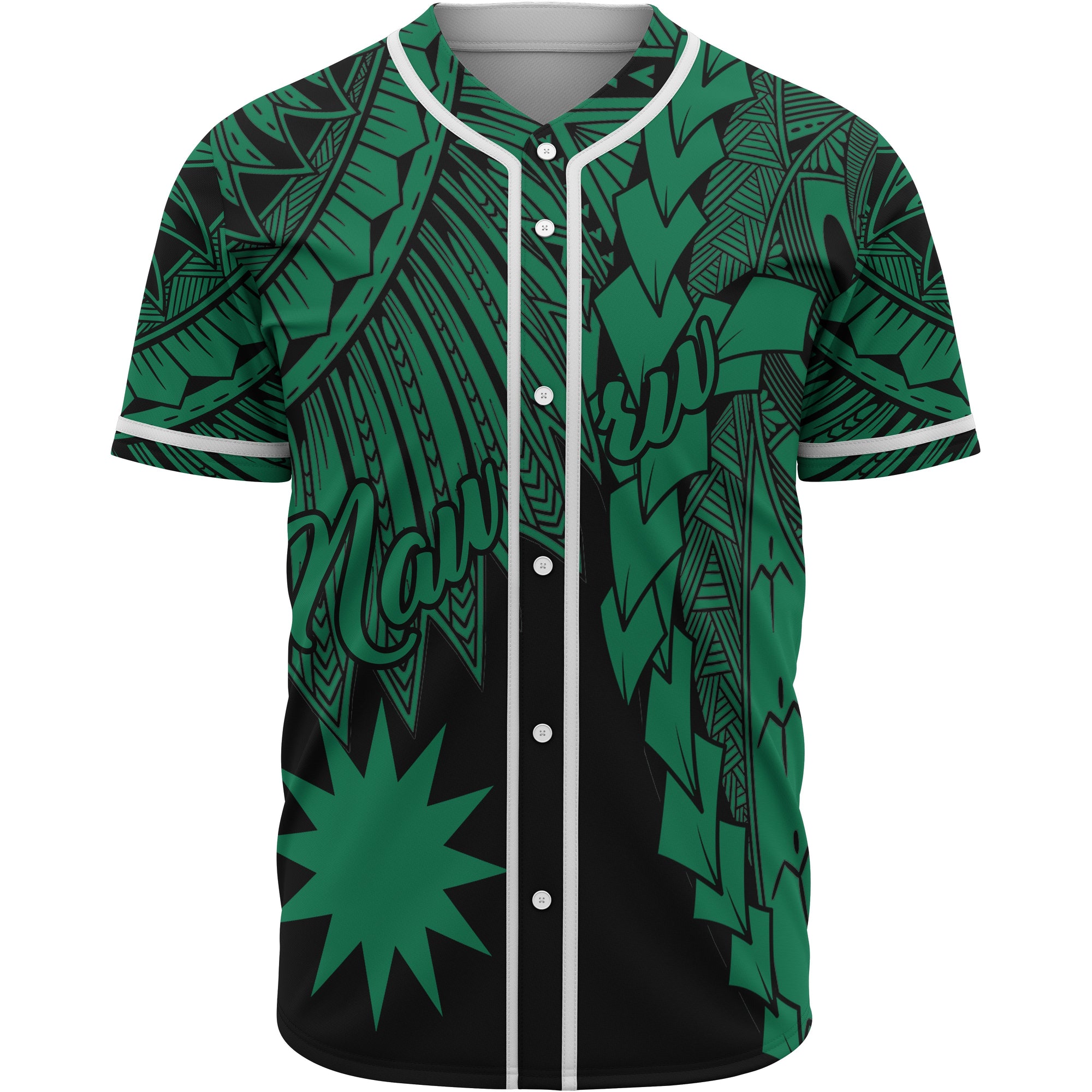 Nauru Polynesian Baseball Shirt - Tribal Wave Tattoo Green Unisex Green - Polynesian Pride