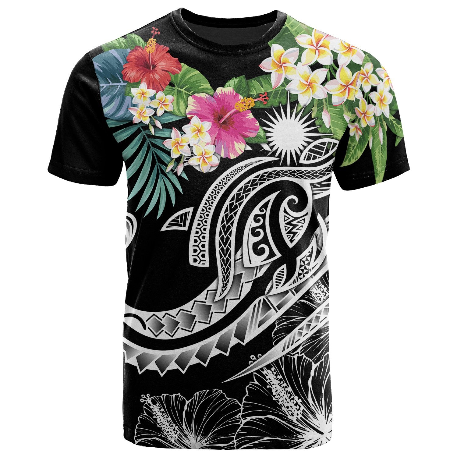 Marshall Islands Polynesian T Shirt Summer Plumeria (Black) Unisex Black - Polynesian Pride