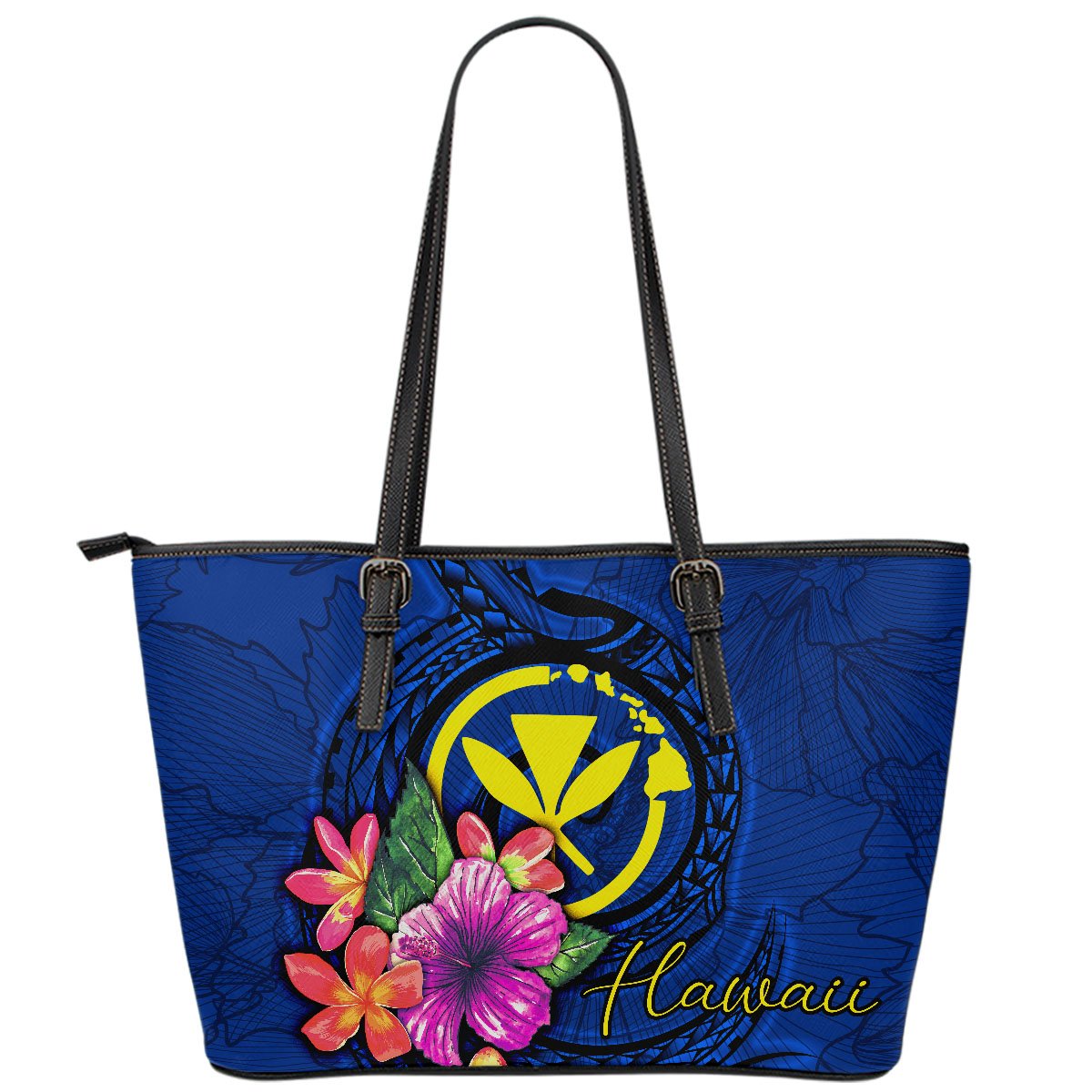 Hawaii Polynesian Leather Tote Bag - Floral With Seal Blue Blue - Polynesian Pride