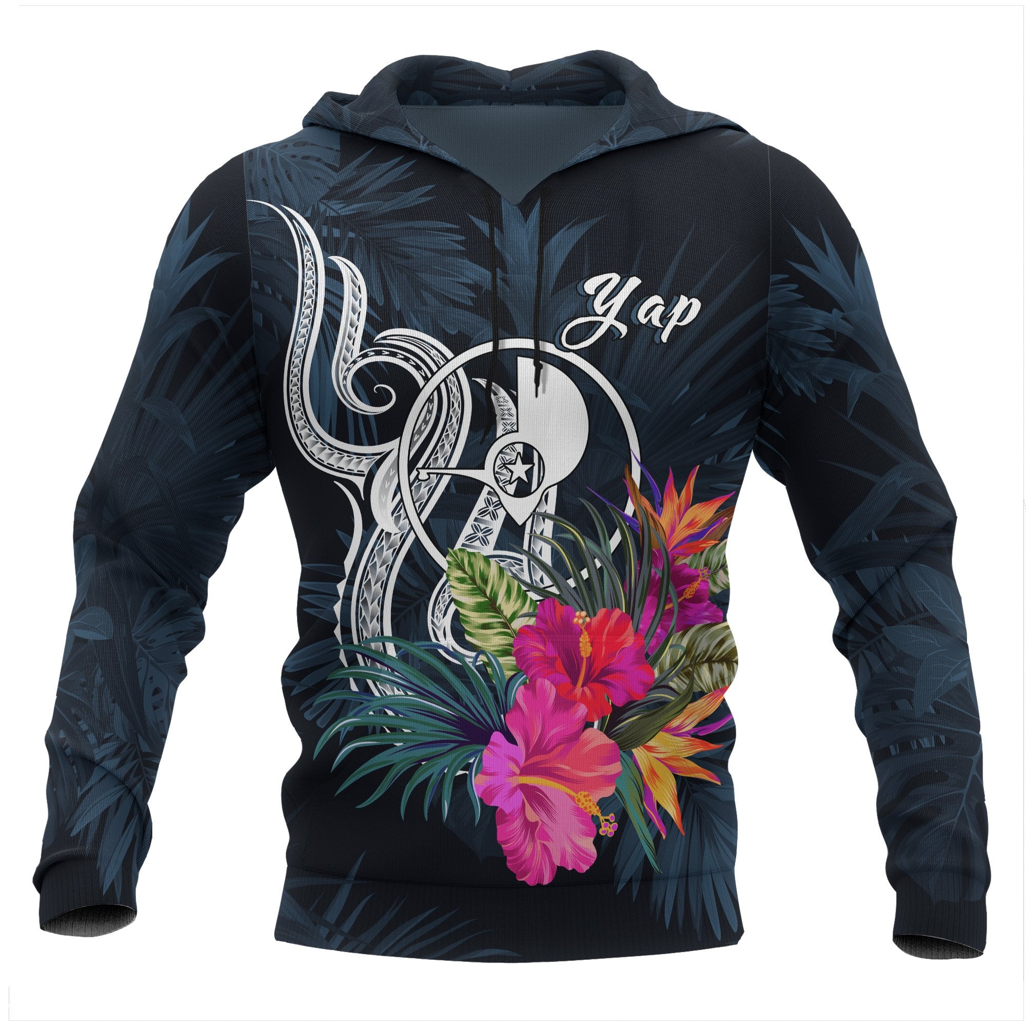 Yap Micronesia Hoodie Tropical Flowers Unisex Blue - Polynesian Pride