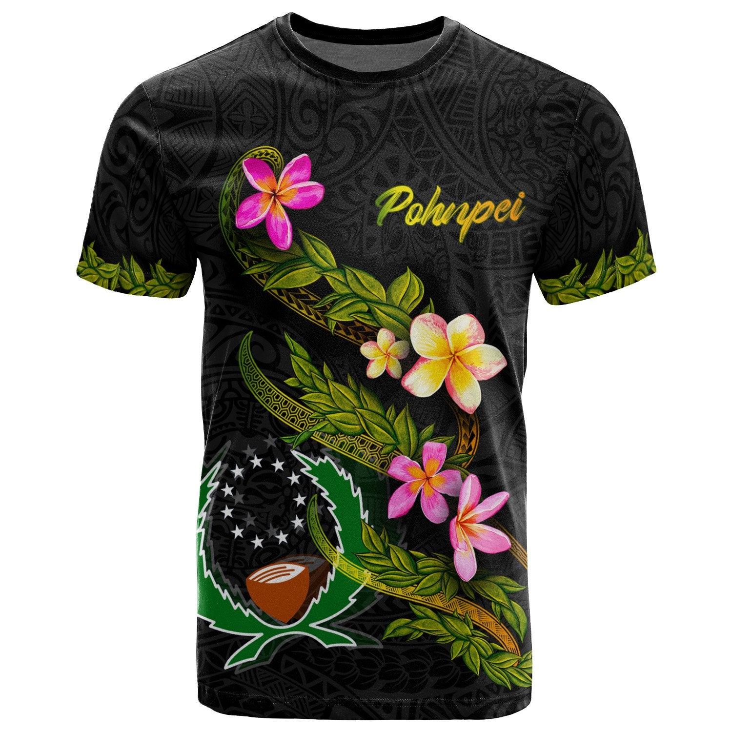 Pohnpei Polynesian T Shirt Plumeria Tribal Unisex Black - Polynesian Pride