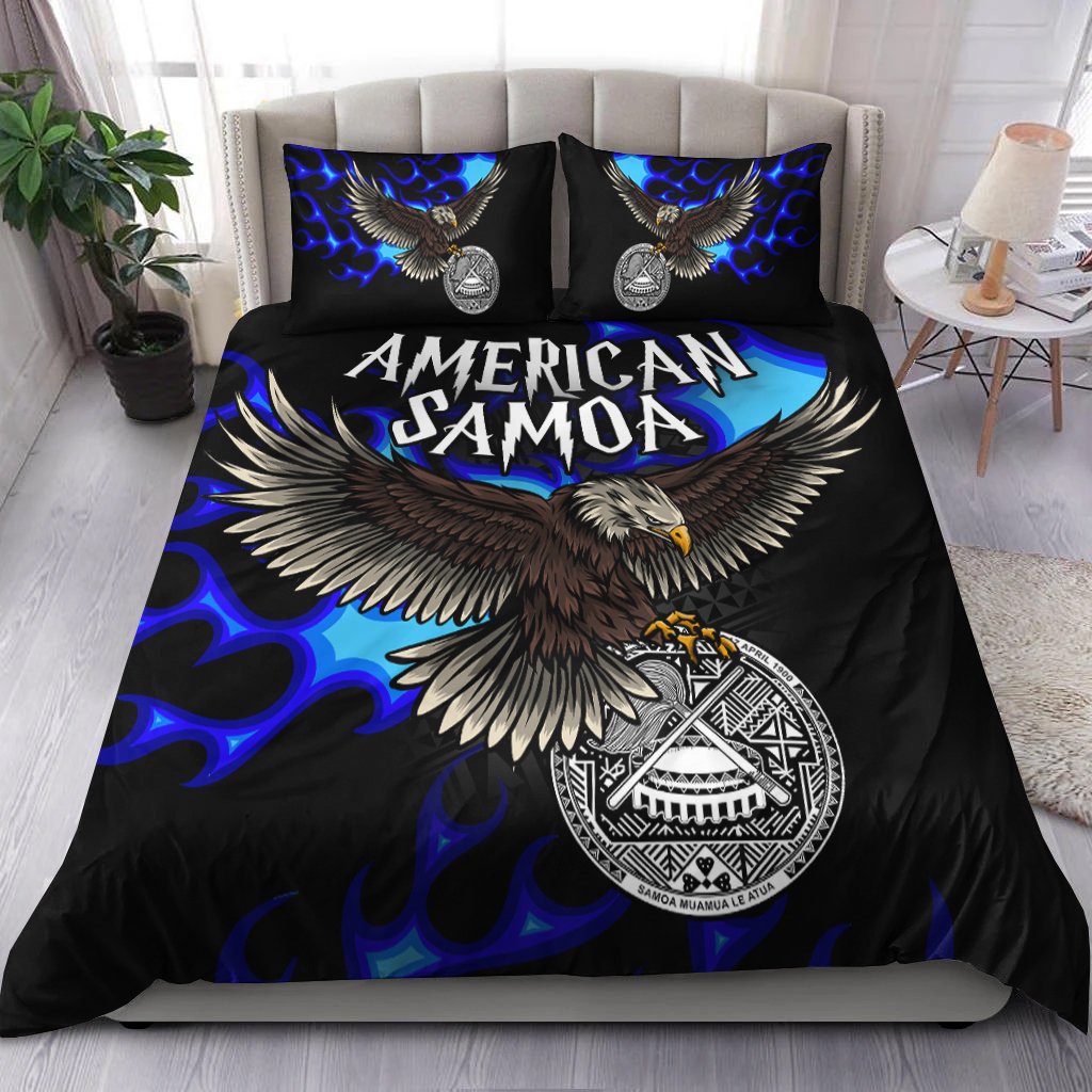 American Samoa Polynesian Bedding Set - Eagle With Flame Blue Blue - Polynesian Pride