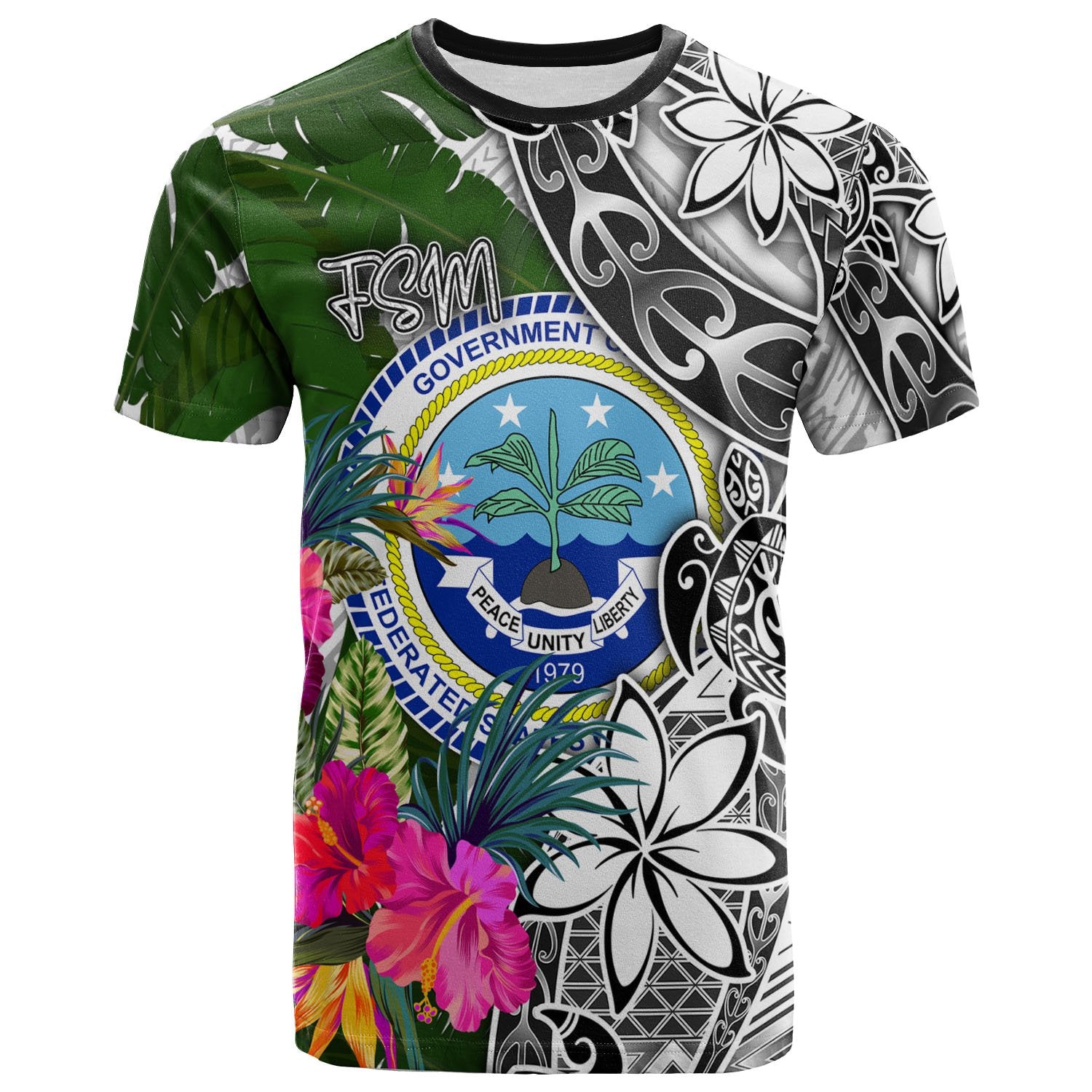 Federated States of Micronesia T Shirt White Turtle Plumeria Banana Leaf Unisex Art - Polynesian Pride