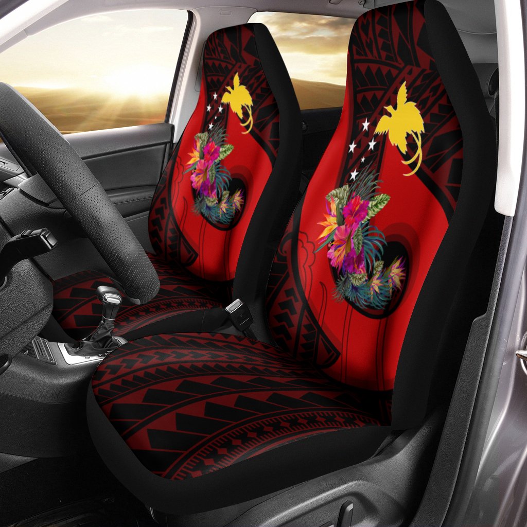 Papua New Guinea Car Seat Covers - Polynesian Hook And Hibiscus (Red) Universal Fit Red - Polynesian Pride