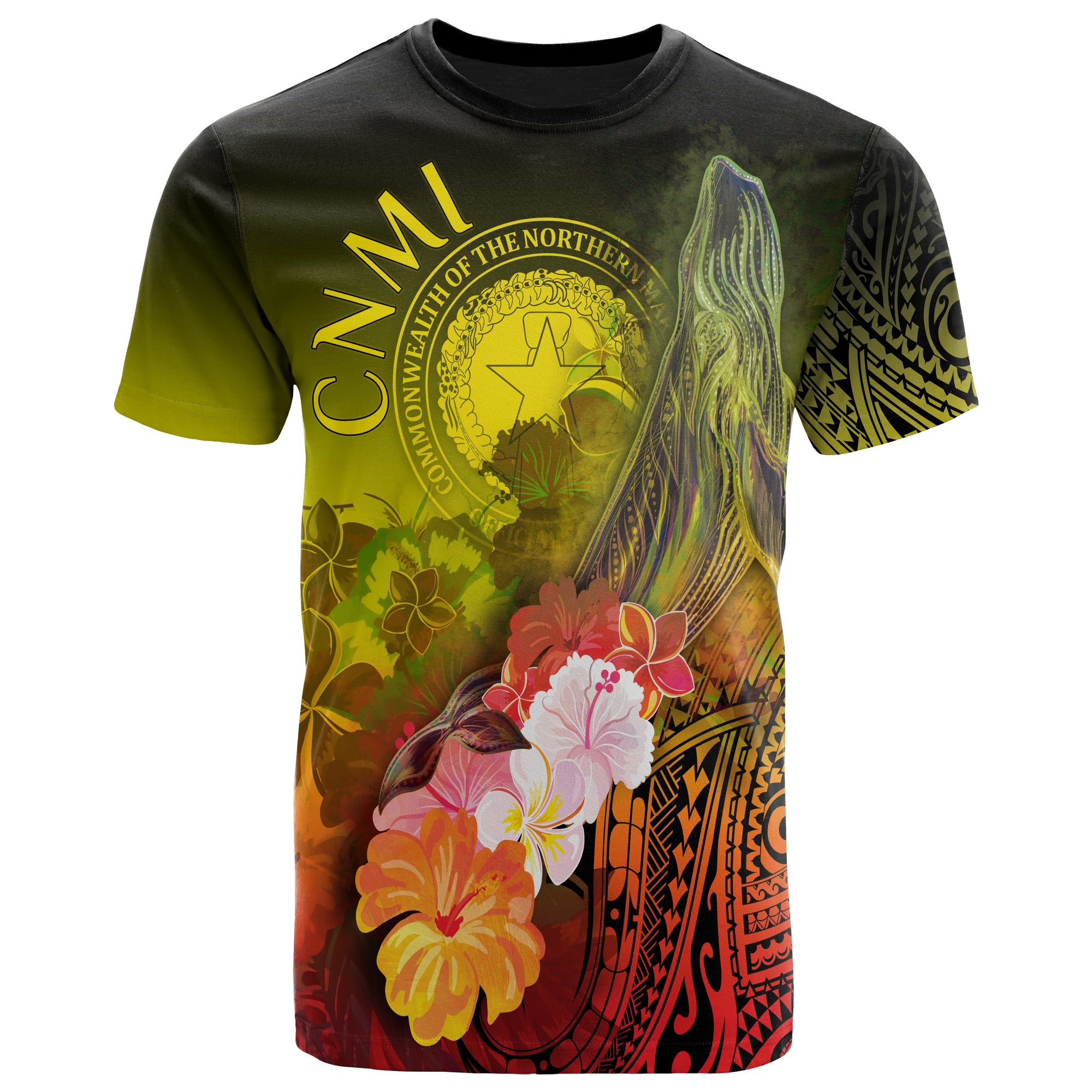 CNMI T Shirt Humpback Whale with Tropical Flowers (Yellow) Unisex Yellow - Polynesian Pride