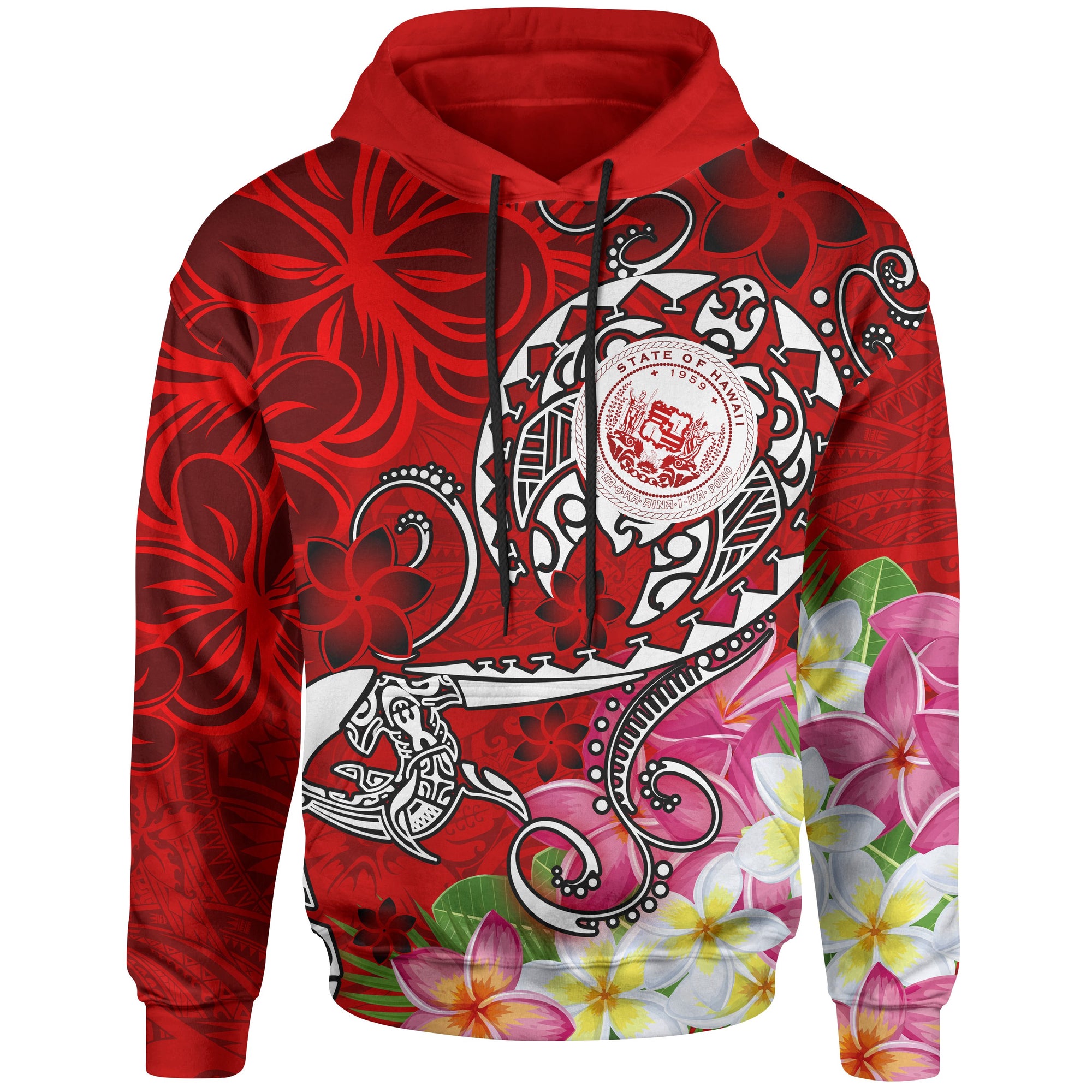 Hawaii Polynesian Hoodie Hawaii Seal With Turtle Plumeria (Red) Unisex Red - Polynesian Pride