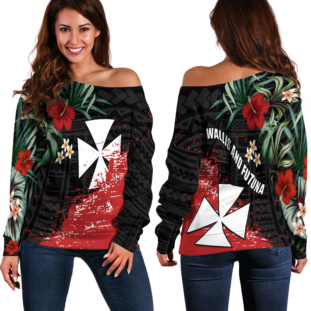 Wallis and Futuna Polynesian Off Shoulder Sweater Fantastic Flowers LT13 Black - Polynesian Pride