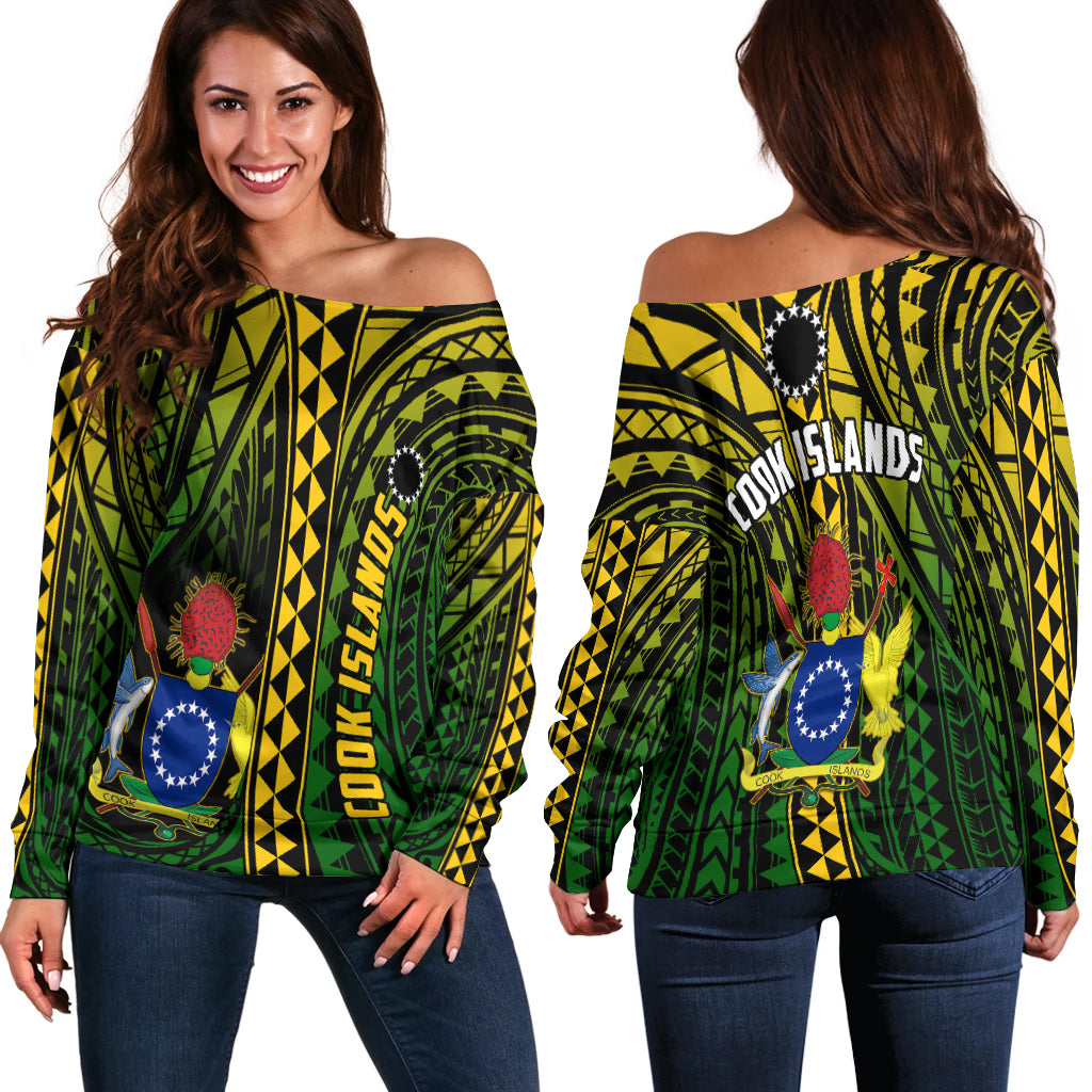 Cook Islands Off Shoulder Sweater Polynesian Pattern Stars LT13 Black - Polynesian Pride