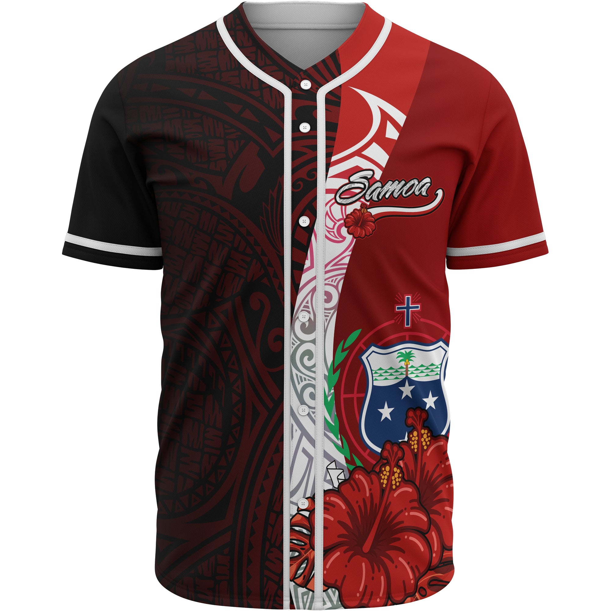 Samoa Polynesian Baseball Shirt - Coat Of Arm With Hibiscus Unisex Red - Polynesian Pride