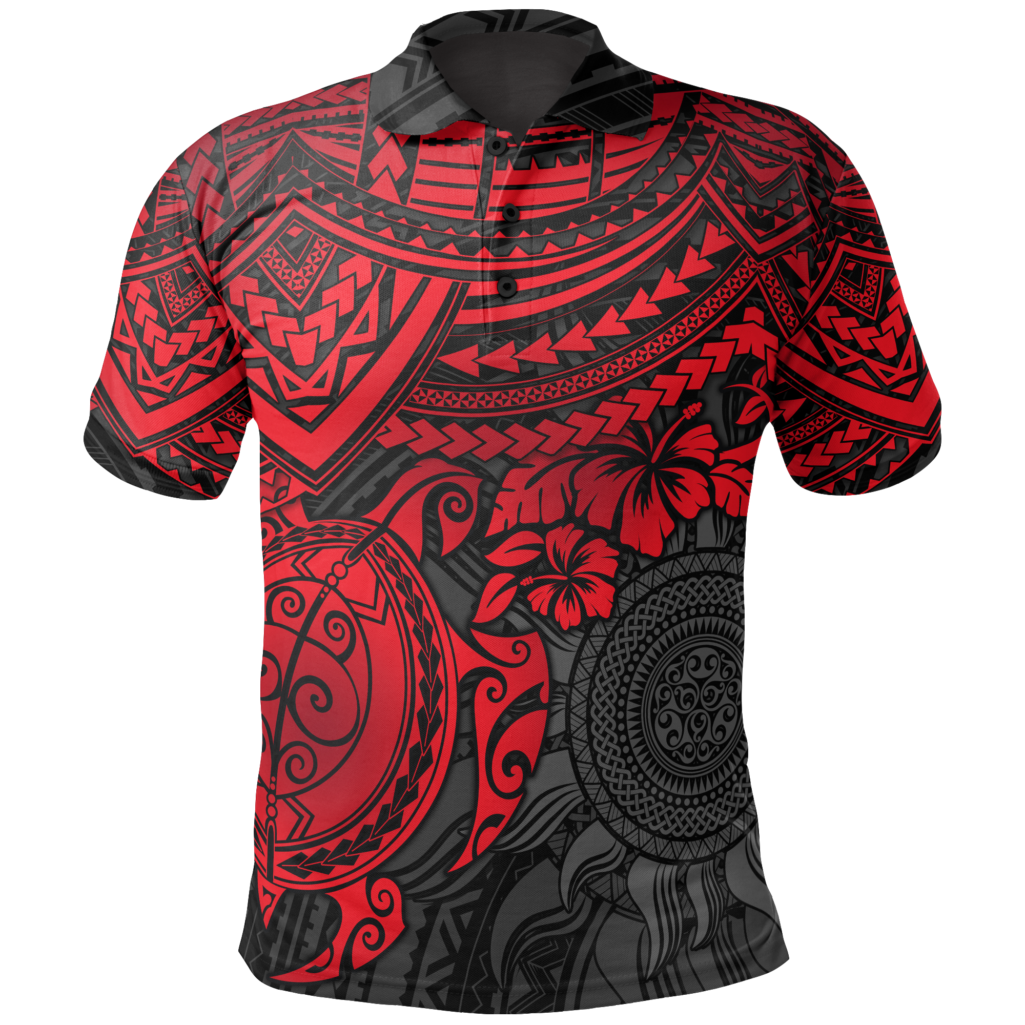 Polo Shirt Polynesian Red Turtle Hibiscus Unisex RED - Polynesian Pride