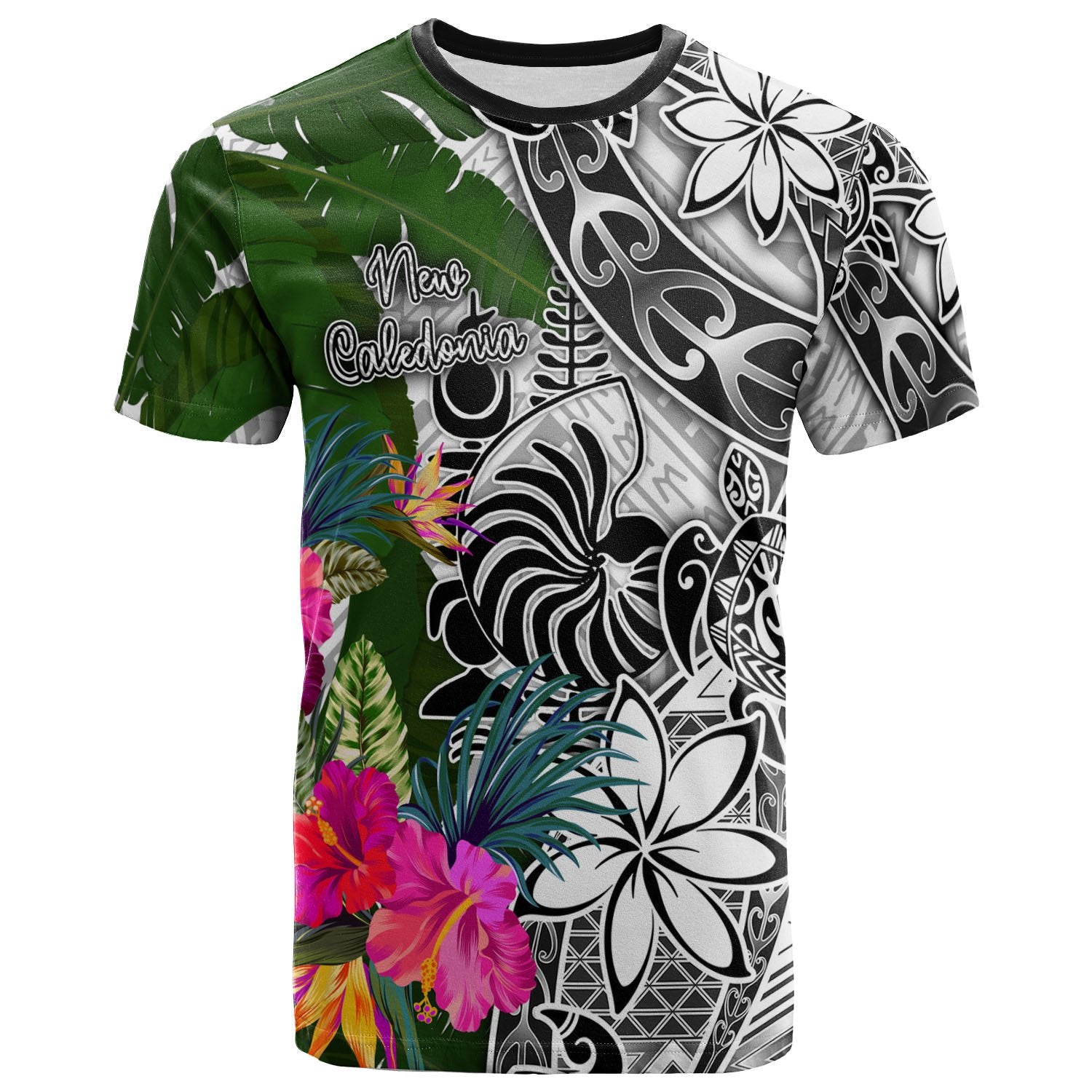 New Caledonia T Shirt White Turtle Plumeria Banana Leaf Unisex Art - Polynesian Pride