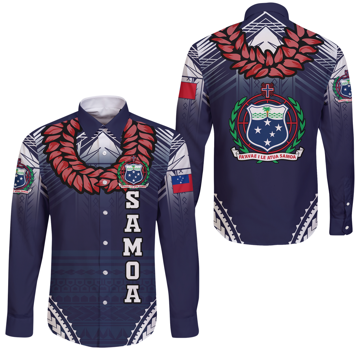 Samoan Ula Fala Art Long Sleeve Button Shirt - LT12 Unisex Blue - Polynesian Pride
