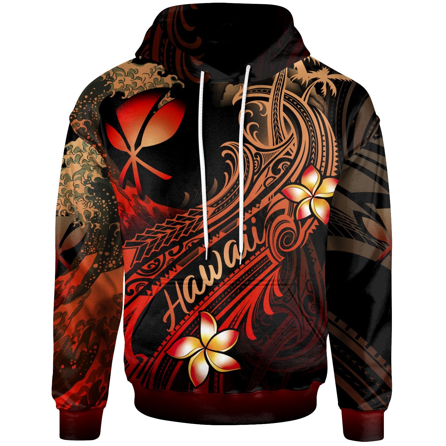 Hawaii Polynesian Hoodie Plumeria Flowers and Waves Unisex Red - Polynesian Pride