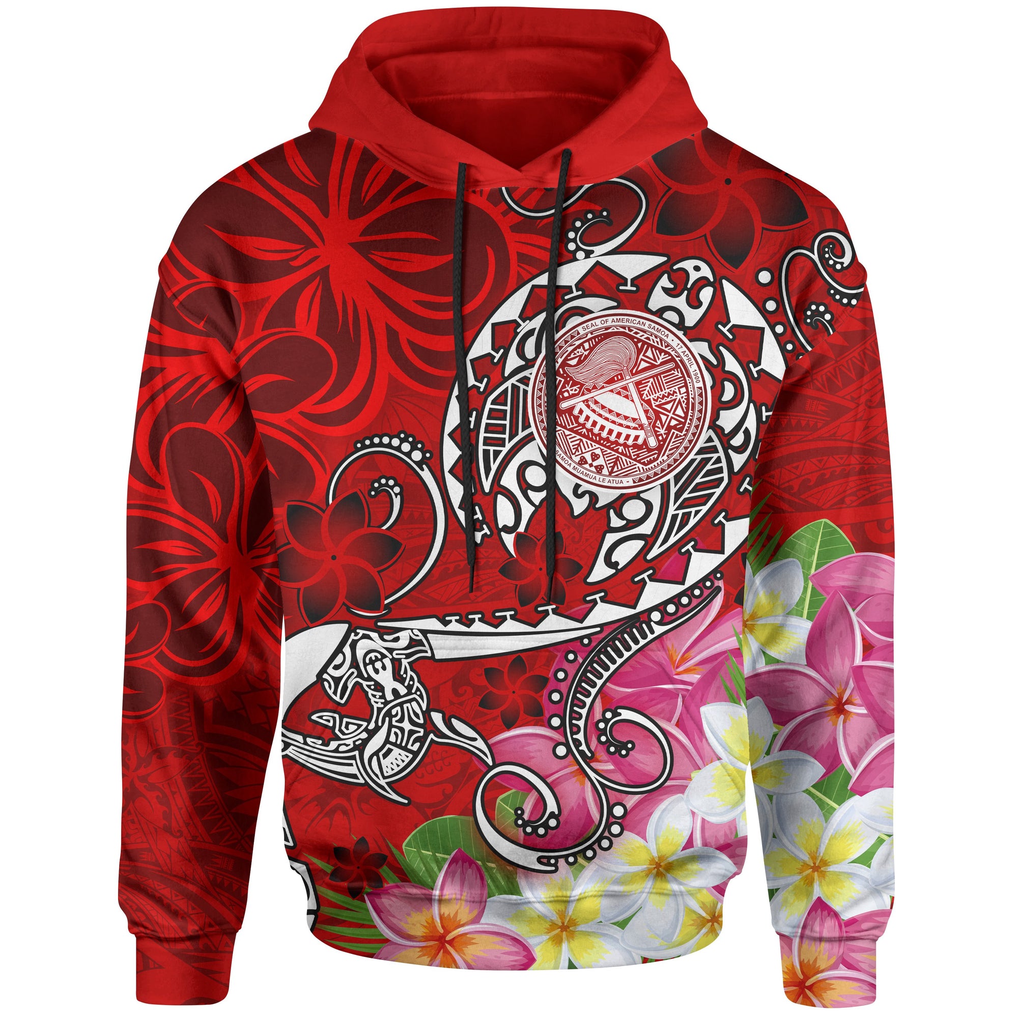 American Samoa Polynesian Hoodie Turtle Plumeria (Red) Unisex Red - Polynesian Pride