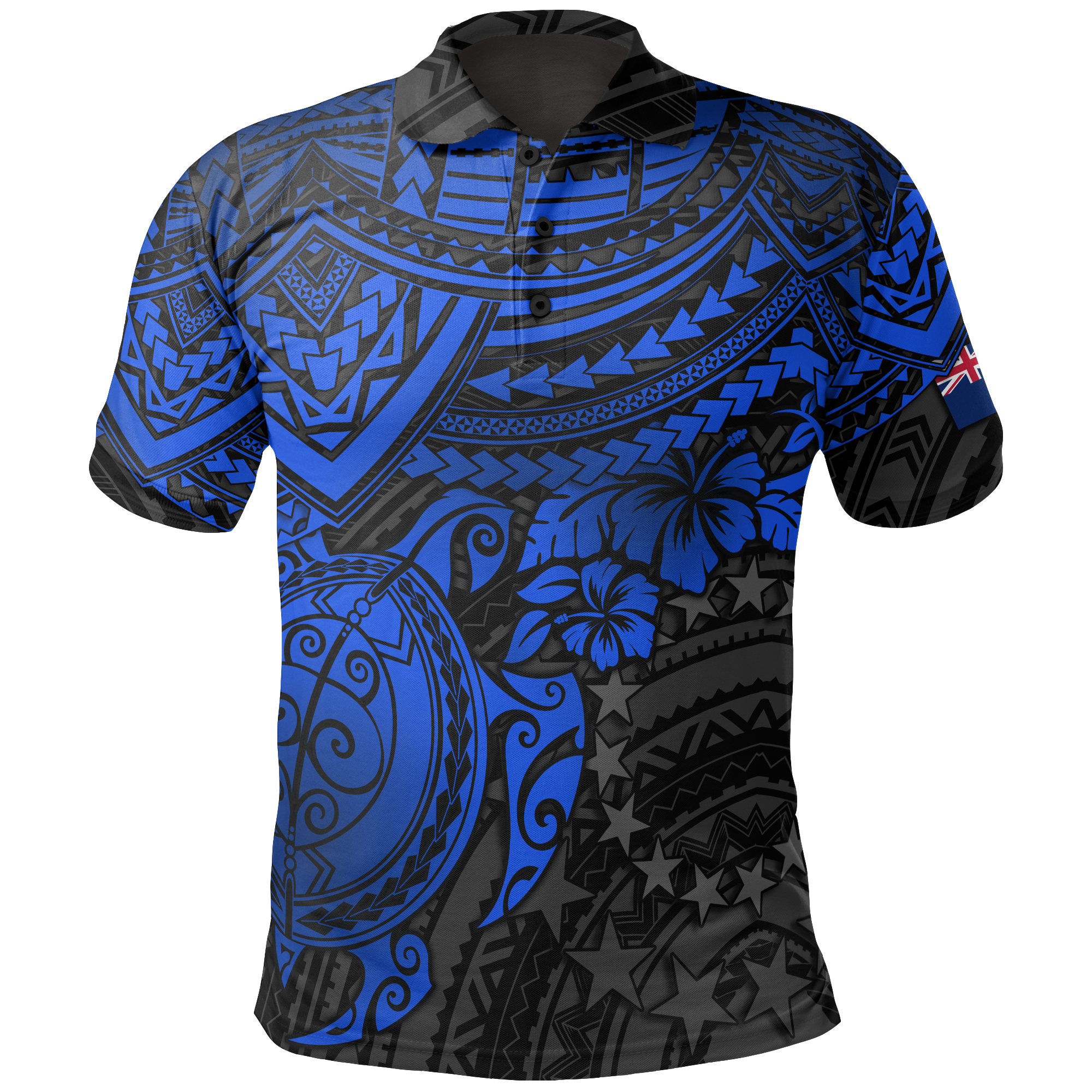 Cook Islands Polo Shirt Kuki Airani Flag Blue Turtle Hibiscus Unisex Blue - Polynesian Pride