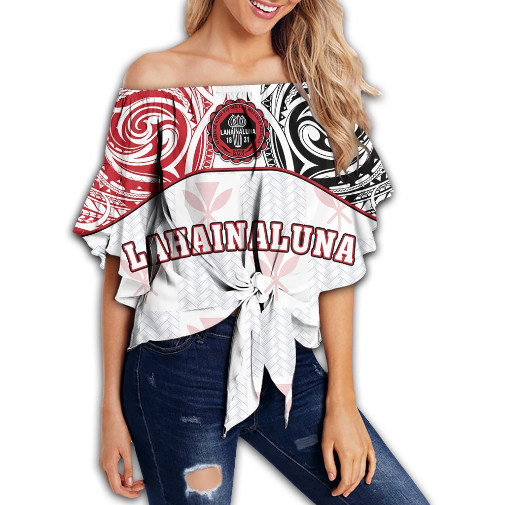 Hawaii - Kanaka Lahainaluna High School Off Shoulder Waist Wrap Top Demodern Style AH Female White - Polynesian Pride