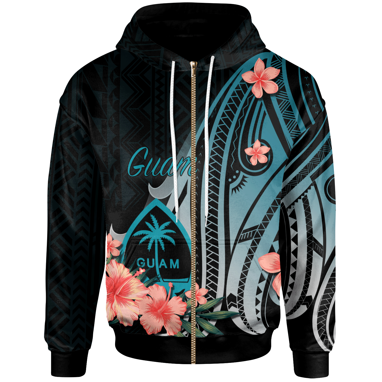 Guam Zip Hoodie Turquoise Polynesian Hibiscus Pattern Style Unisex Turquoise - Polynesian Pride