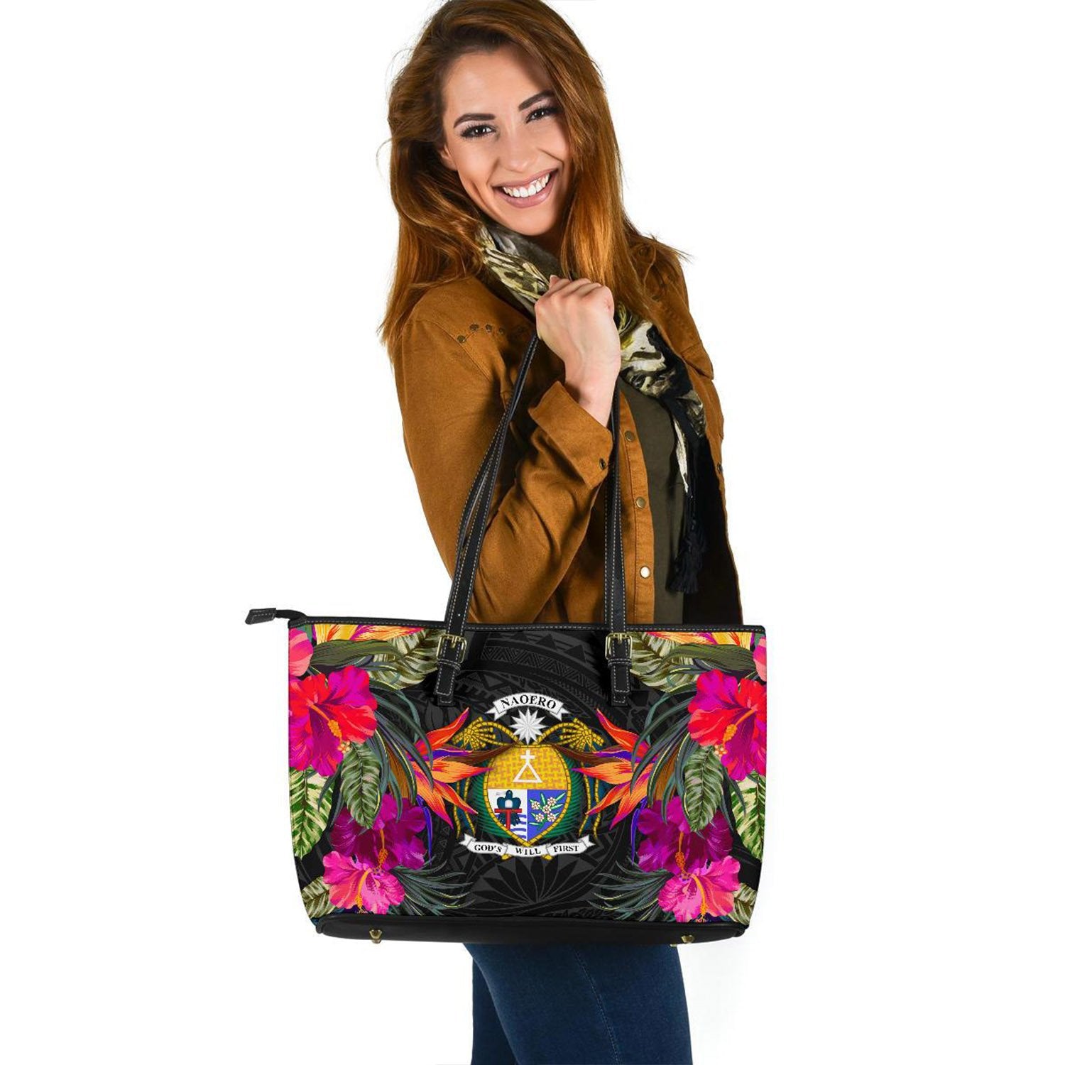 Nauru Large Leather Tote - Polynesian Hibiscus Pattern Black - Polynesian Pride