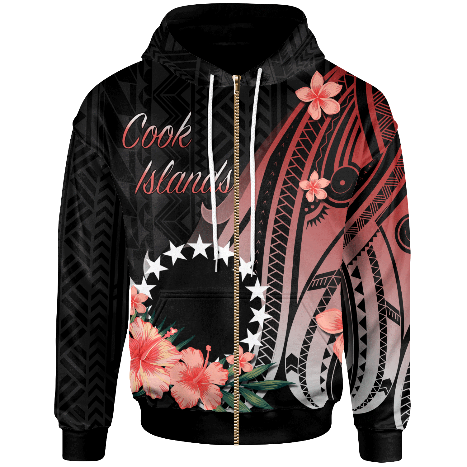 Cook Islands Zip Hoodie Red Polynesian Hibiscus Pattern Style Unisex Red - Polynesian Pride