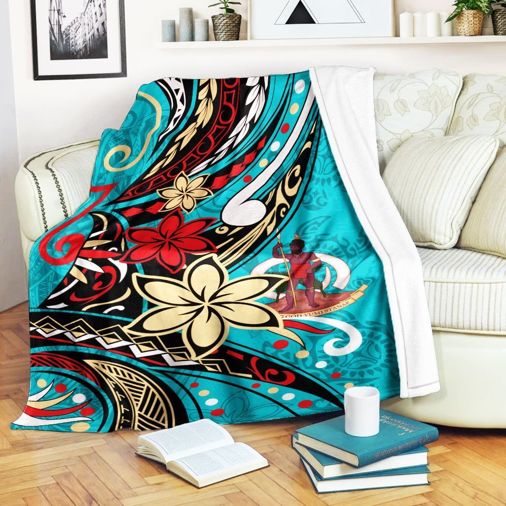 Vanuatu Premium Blanket - Tribal Flower With Special Turtles Blue Color White - Polynesian Pride