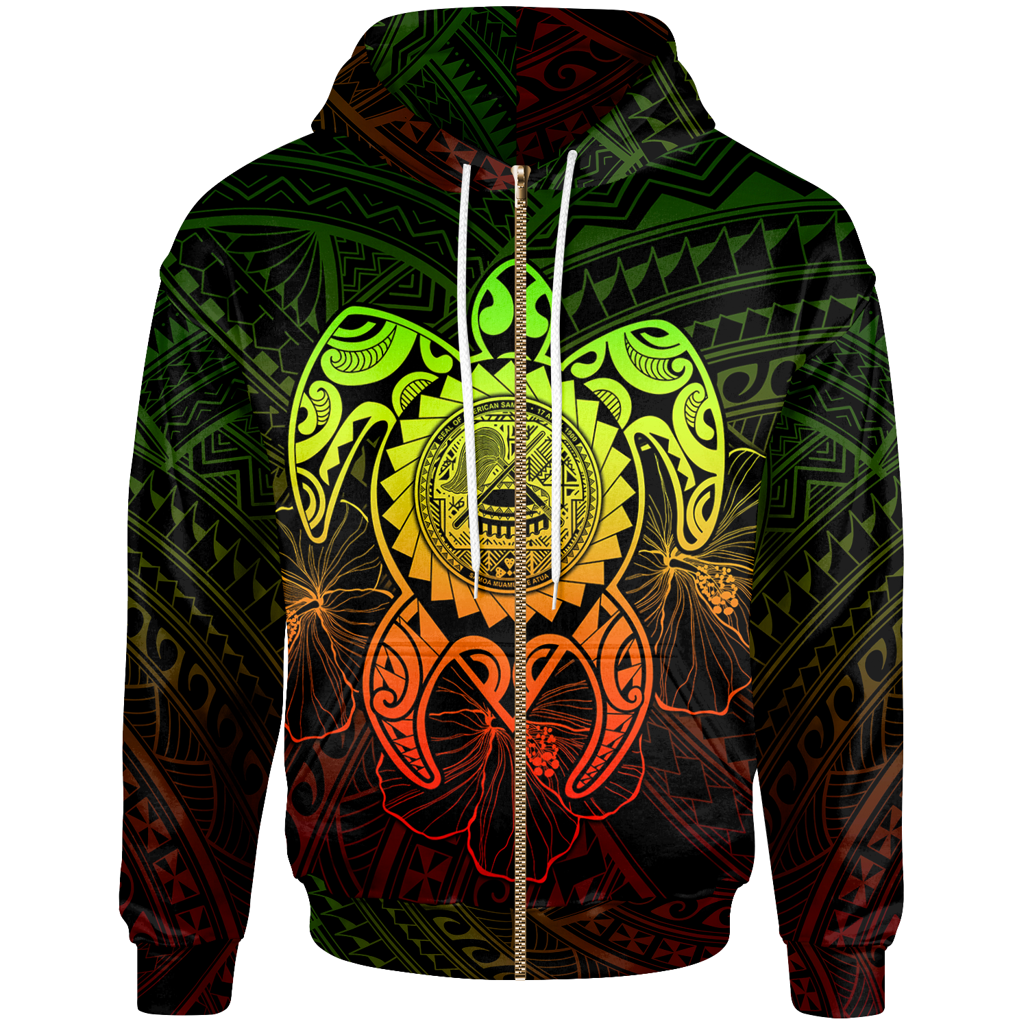 American Samoa Polynesian Zip up Hoodie Vintage Polynesian Turtle (Reggae) Unisex Reggae - Polynesian Pride