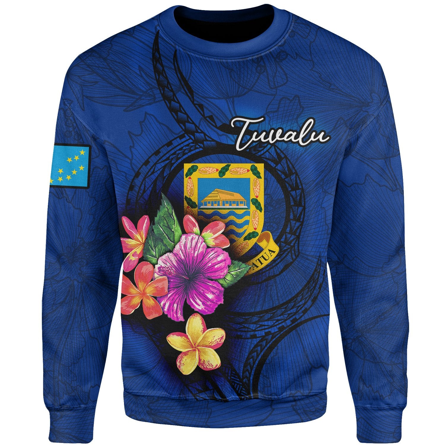 Tuvalu Polynesian Sweater - Floral With Seal Blue Unisex Blue - Polynesian Pride