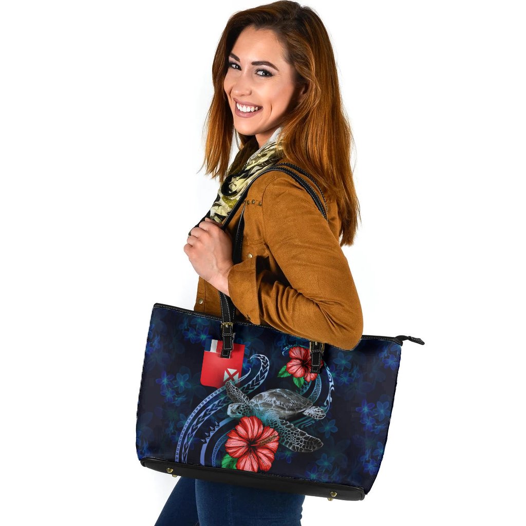 Wallis and Futuna Polynesian Leather Tote - Blue Turtle Hibiscus Blue - Polynesian Pride