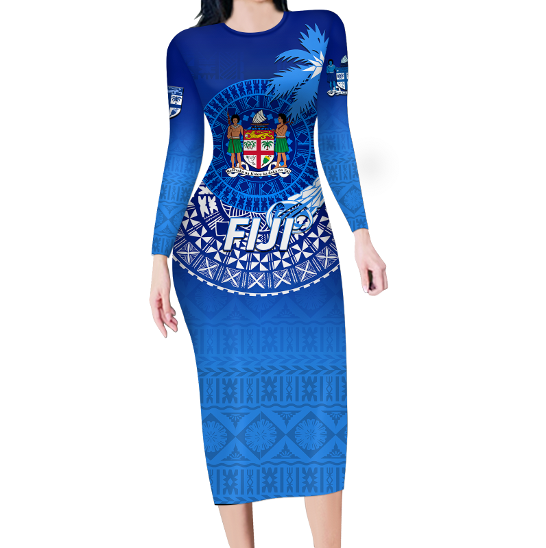 Fiji Tapa Tribal Coconut Tree Long Sleeve Dress - LT12 Women Blue - Polynesian Pride