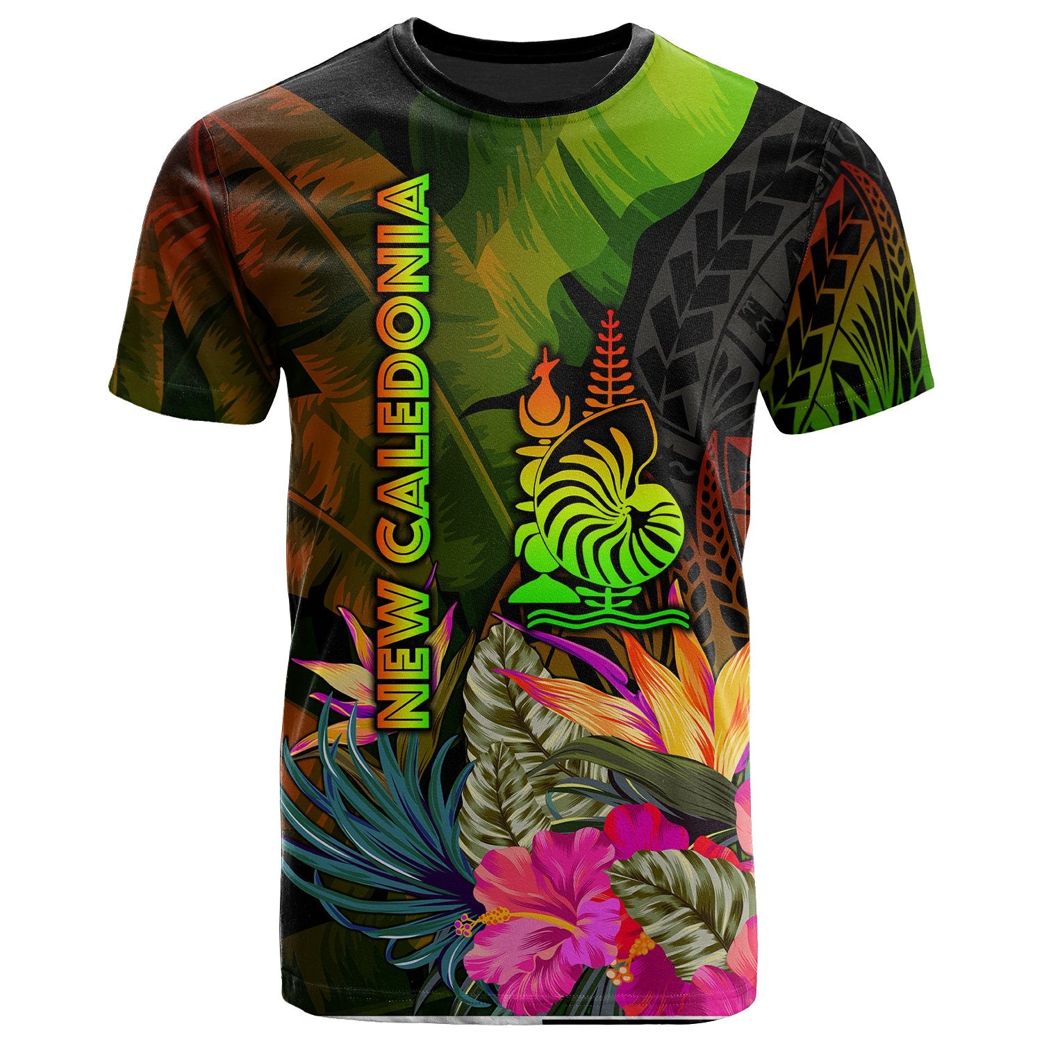 New Caledonia Polynesian T Shirt Hibiscus and Banana Leaves Unisex Reggae - Polynesian Pride