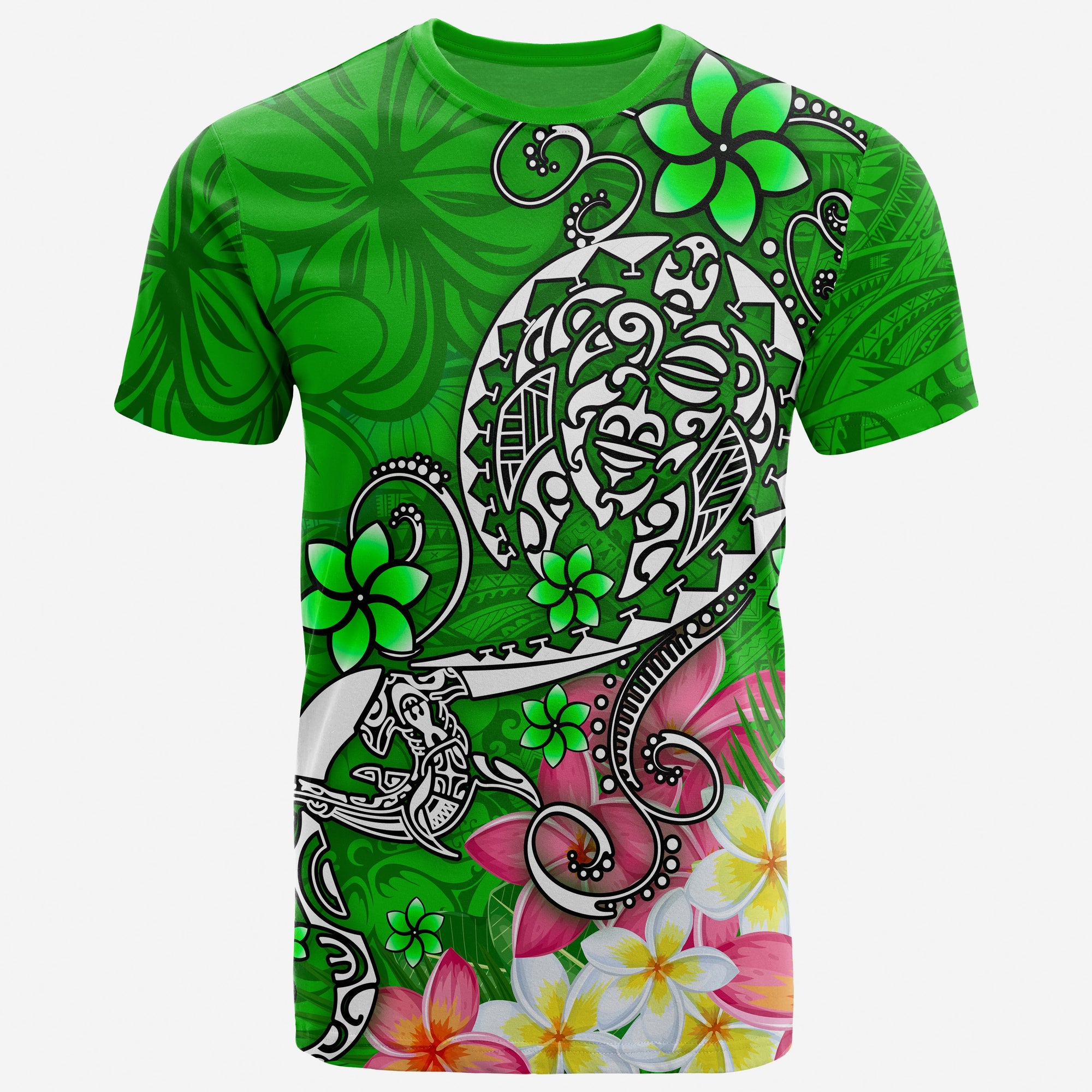 Polynesian T shirt Turtle Plumeria Green Color Unisex Green - Polynesian Pride