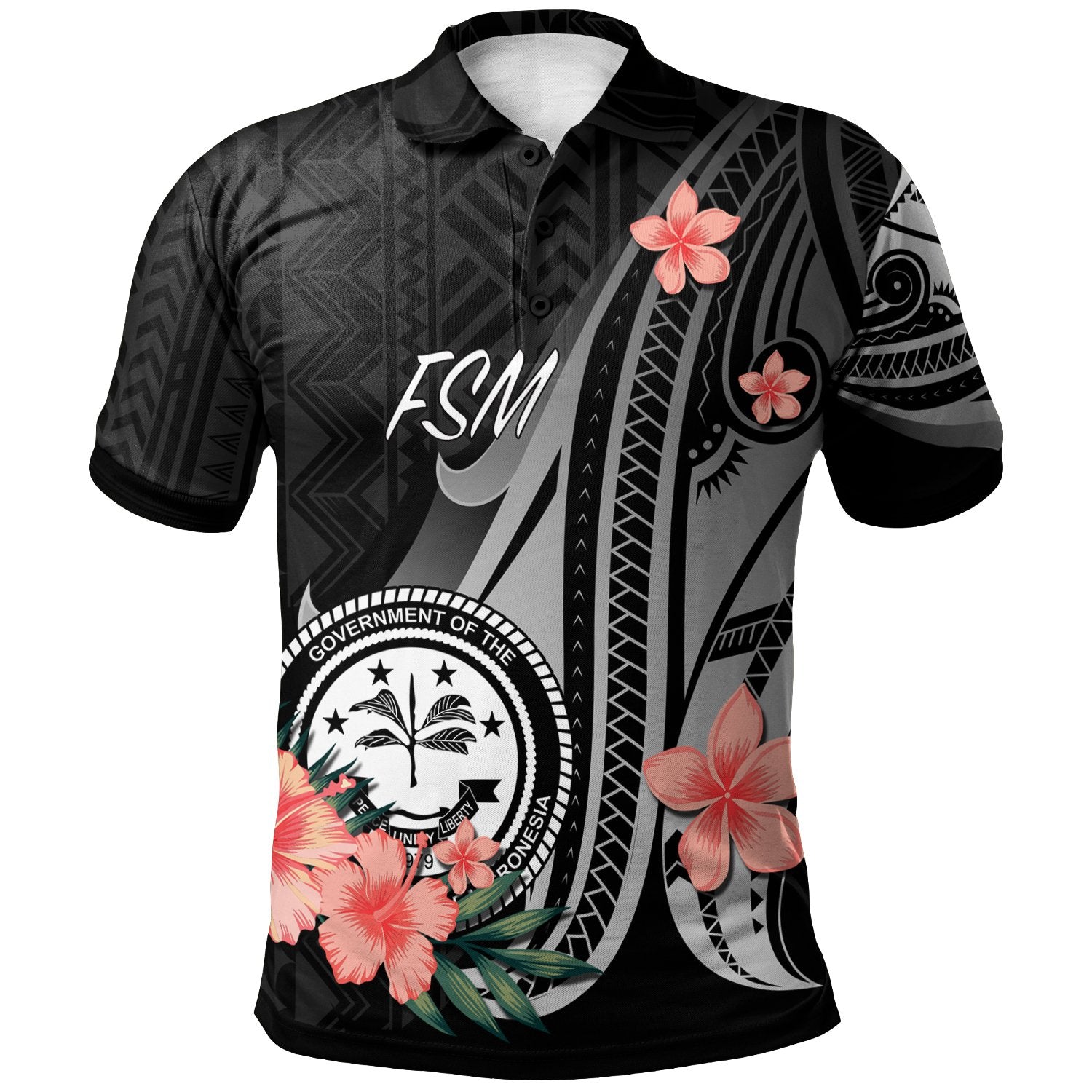 Federated States of Micronesia Polo Shirt Polynesian Hibiscus Pattern Style Unisex Black - Polynesian Pride