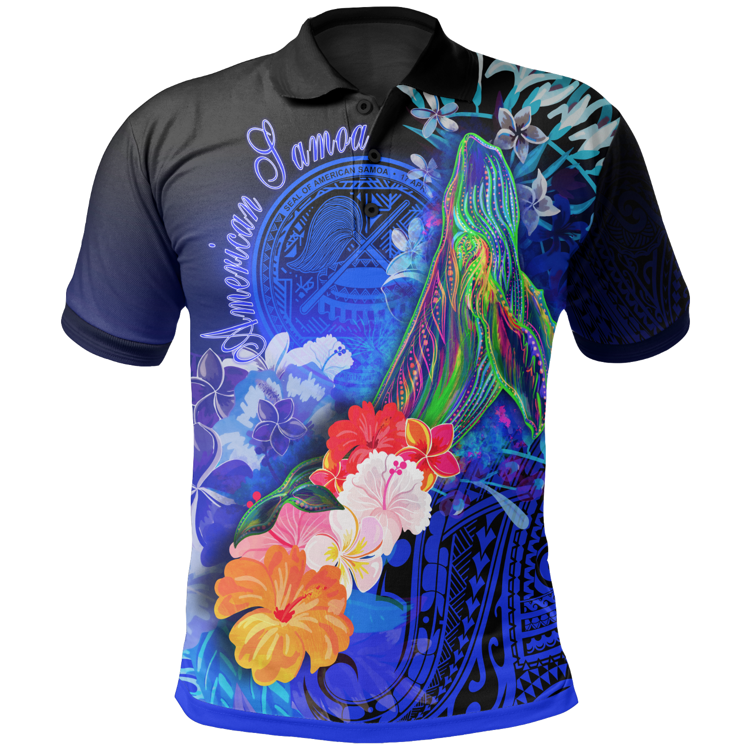 American Samoa Polynesian Polo Shirt Humpback Whale with Tropical Flowers (Blue) Unisex Blue - Polynesian Pride