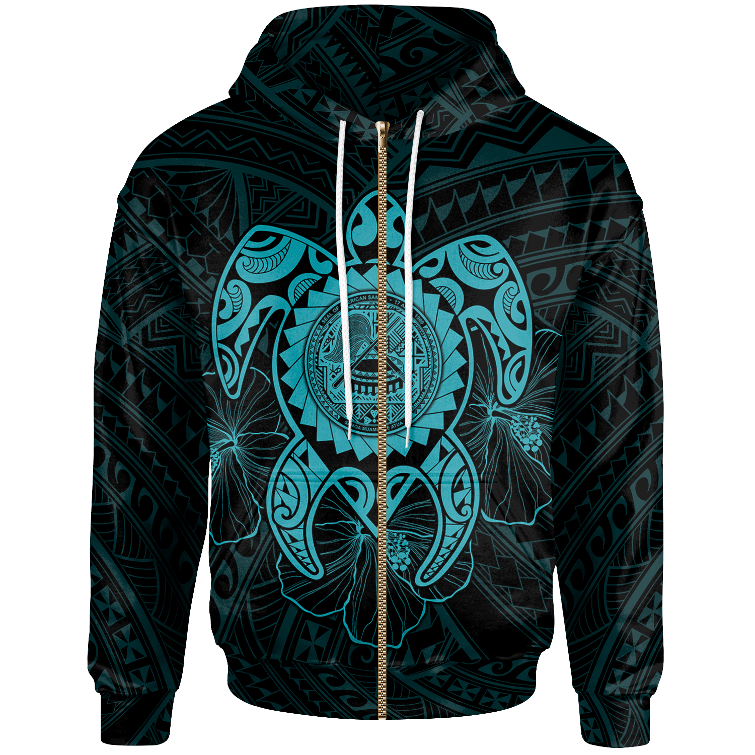 American Samoa Polynesian Zip up Hoodie Vintage Polynesian Turtle (Turquoise) Unisex Turquoise - Polynesian Pride