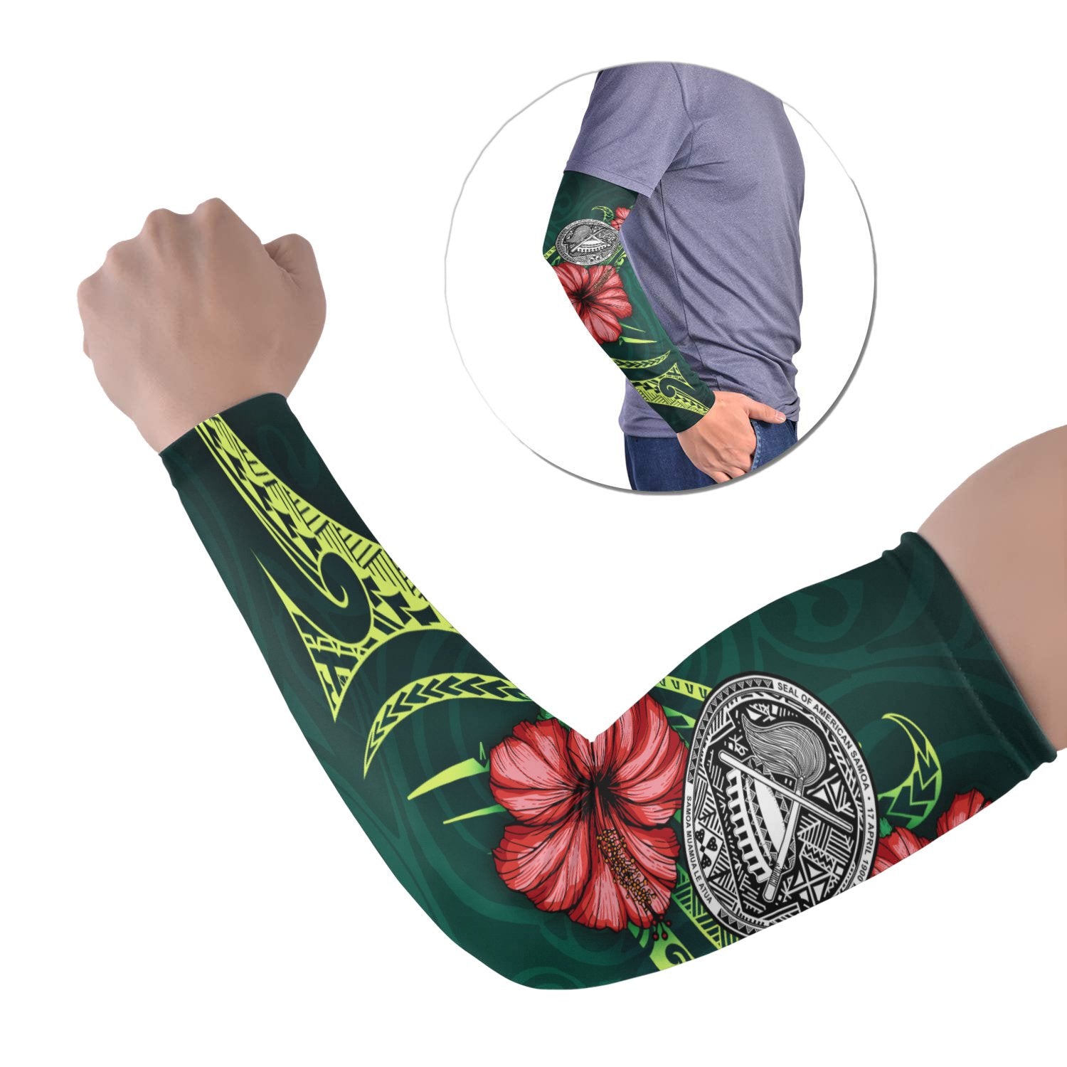 American Samoa Polynesian Arm Sleeve - Hibiscus With Seal Set of 2 Green - Polynesian Pride