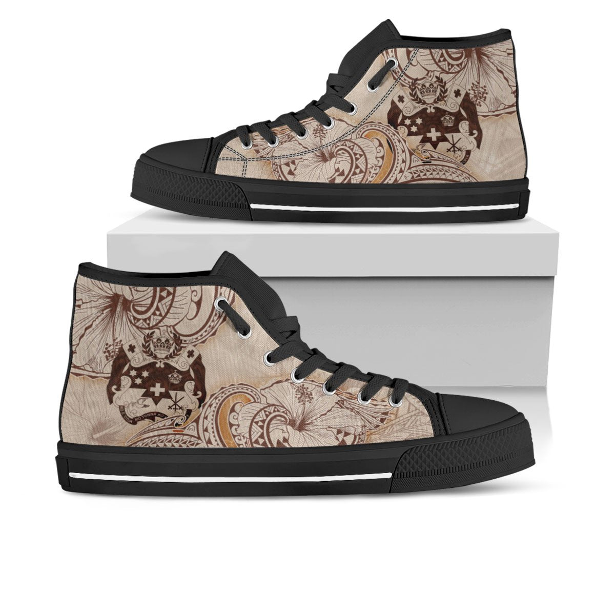 Tonga High Top Shoes - Hibiscus Flowers Vintage Style Unisex Black - Polynesian Pride