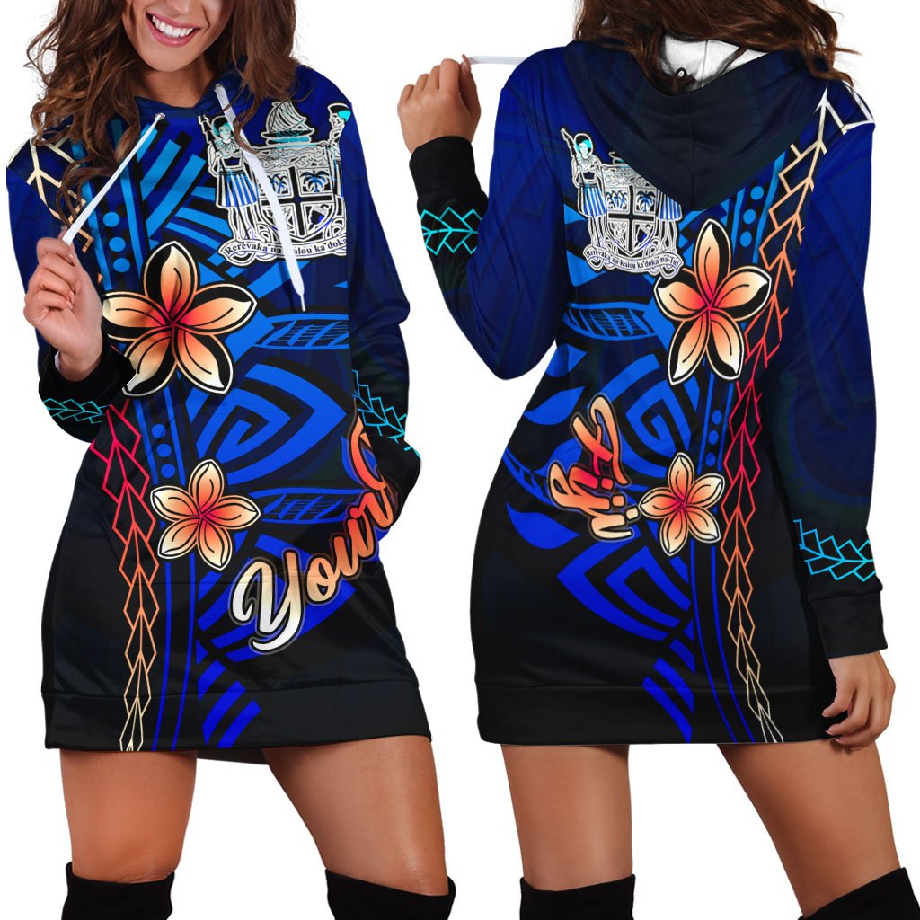 Fiji Custom Personalised Hoodie Dress - Vintage Tribal Mountain Crest Blue - Polynesian Pride