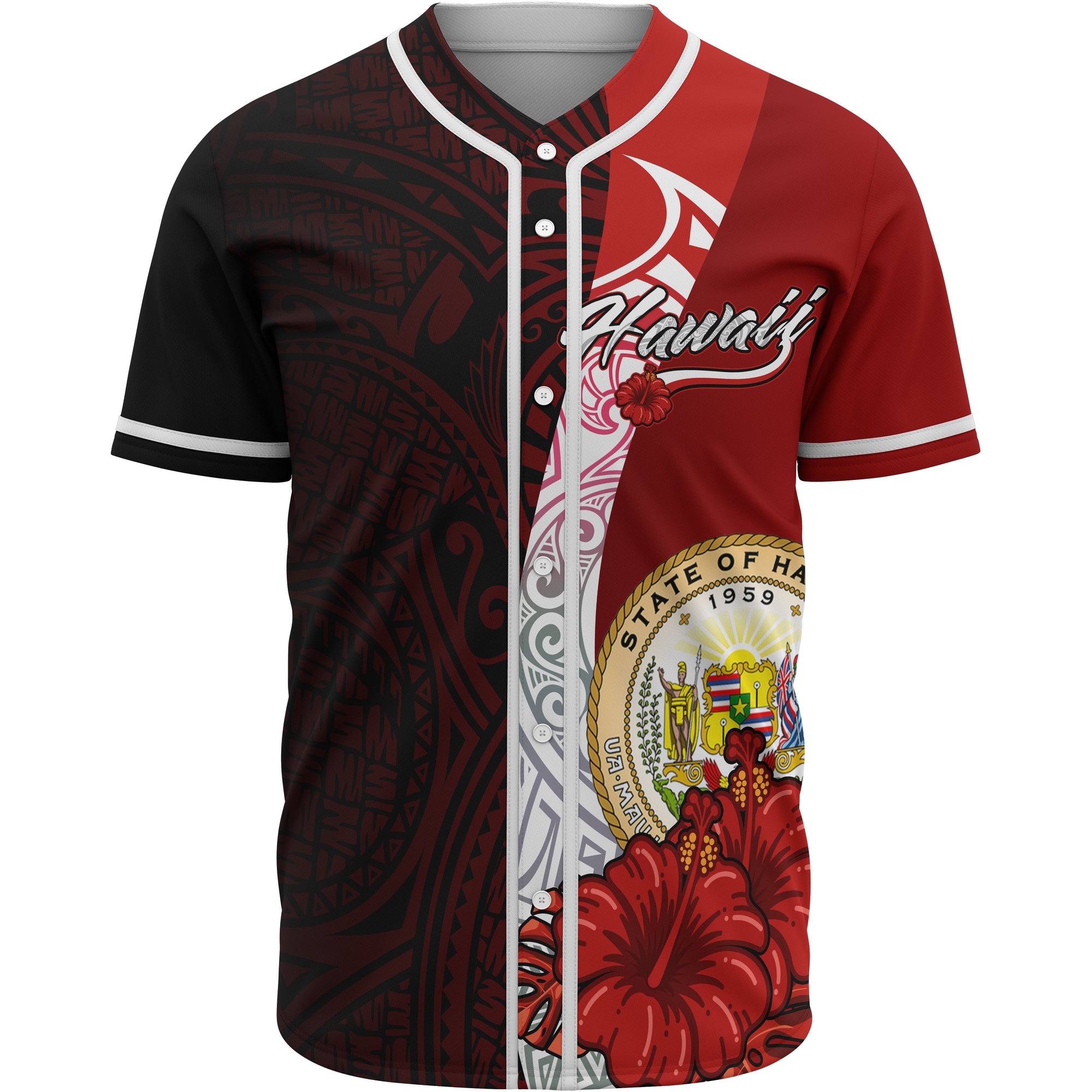 Hawaii Polynesian Baseball Shirt - Coat Of Arm With Hibiscus Unisex Red - Polynesian Pride