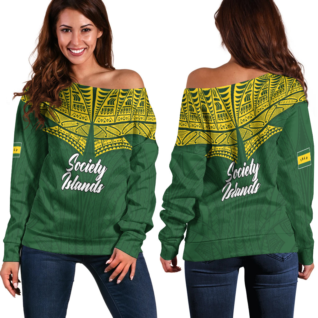 Society Islands Pride Women Off Shoulder Sweater - LT12 Green - Polynesian Pride