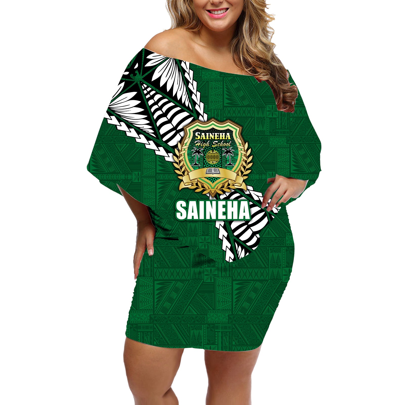 Tonga Saineha High School Tongan Patterns Off Shoulder Short Dress - LT12 Women Red - Polynesian Pride