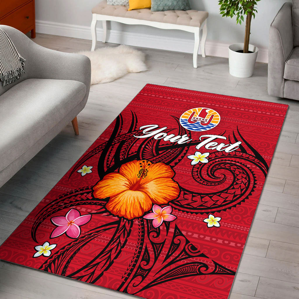 (Custom Personalised) Tahiti Maohi Area Rug - Hibiscus With Tribal - LT12 Red - Polynesian Pride