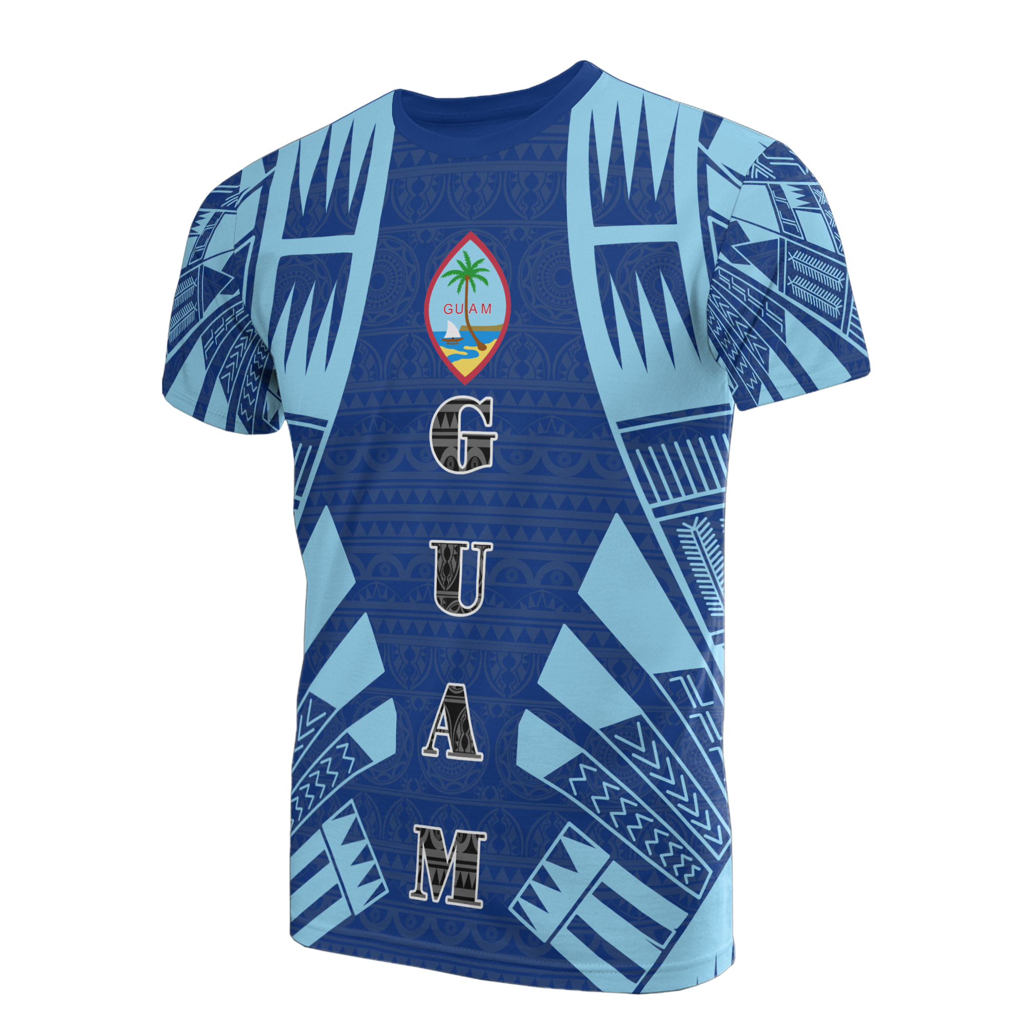 Guam T Shirt Guam Coat of Arms Polynesian Tattoo Blue Style Unisex Art - Polynesian Pride