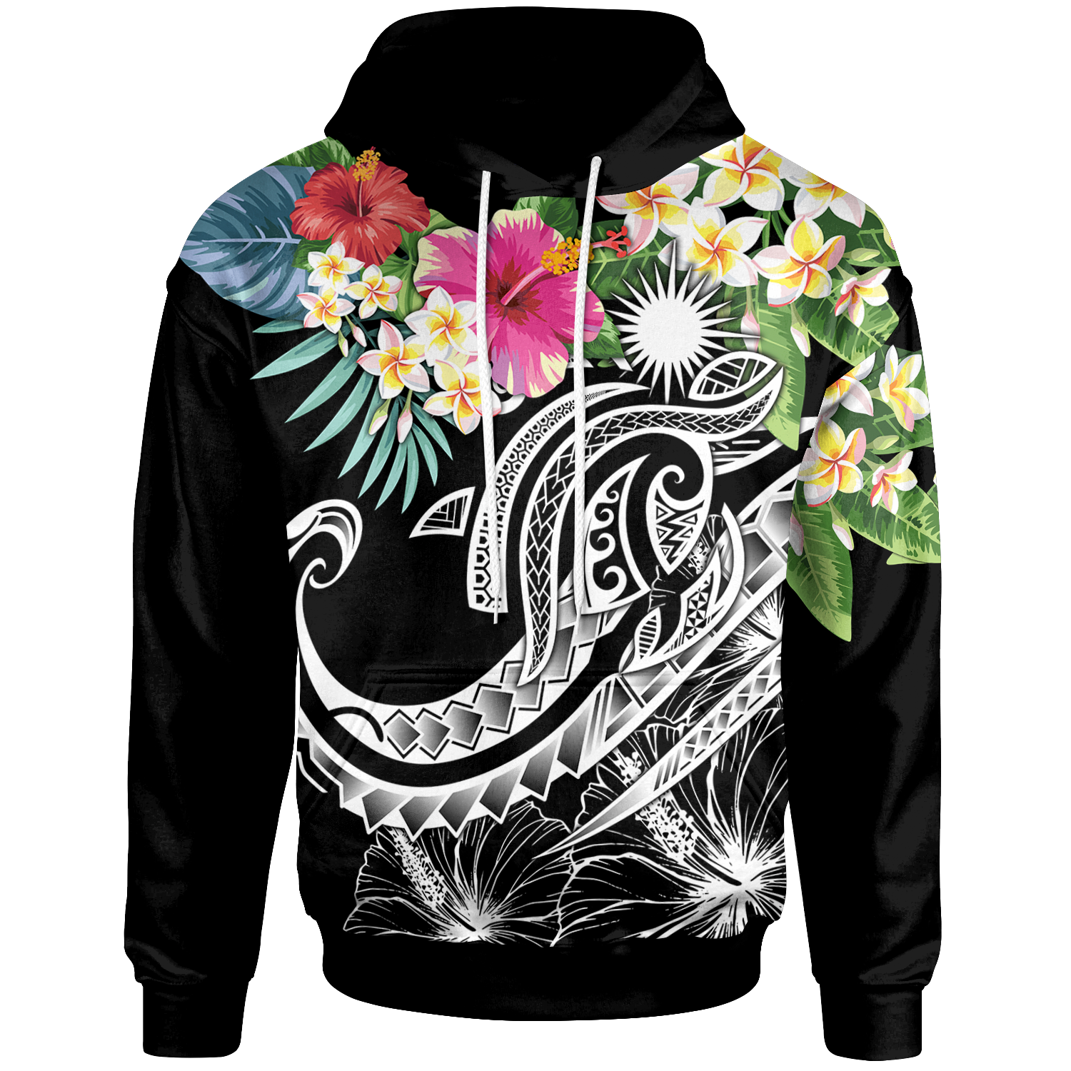 Marshall Islands Polynesian Hoodie Summer Plumeria (Black) Unisex Black - Polynesian Pride