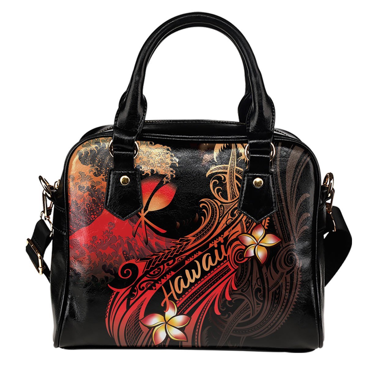 Hawaii Polynesian Shoulder Handbag - Plumeria Flowers And Waves One Size Red - Polynesian Pride