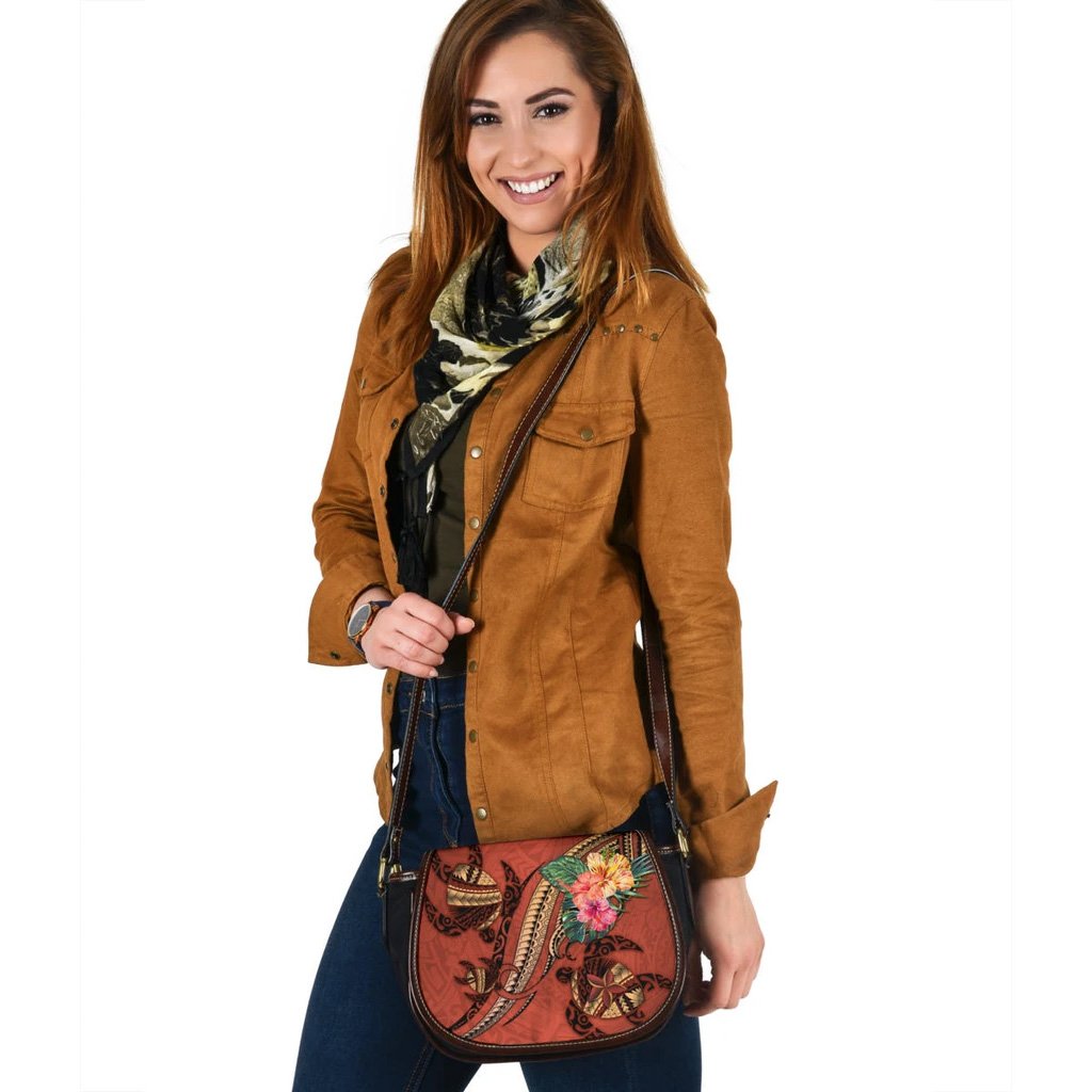Polynesian Turtle Leather Saddle Bag - Tribal Tattoo with Hibiscus Coral One Style One Size Art - Polynesian Pride