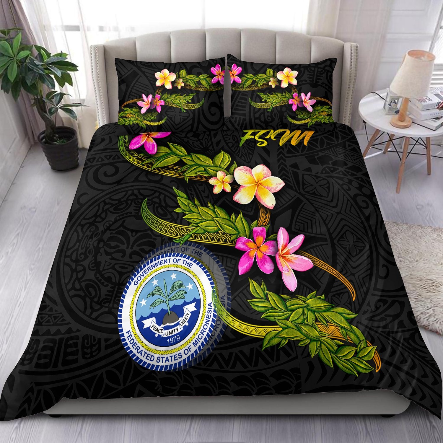 Federated States Of Micronesia Polynesian Bedding Set - Plumeria Tribal Black - Polynesian Pride